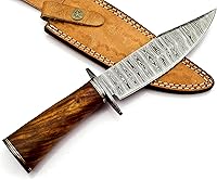Vista 2 de Nooraki BK-348 Cuchillo Bowie hecho a mano de acero de Damasco con funda de cuero, cuchillo multiusos, mango de palisandro con protector de damasco