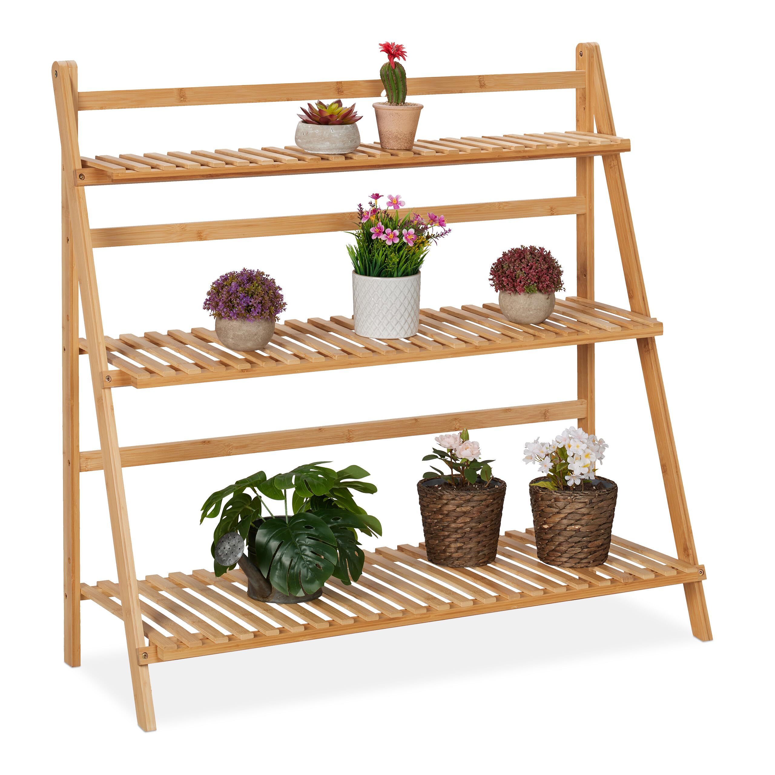 Relaxdays Blumenregal aus Bambus, Pflanzenständer mit 3 Ebenen, HxBxT: 96 x 99,5 x 37 cm, klappbare Blumentreppe, Natur