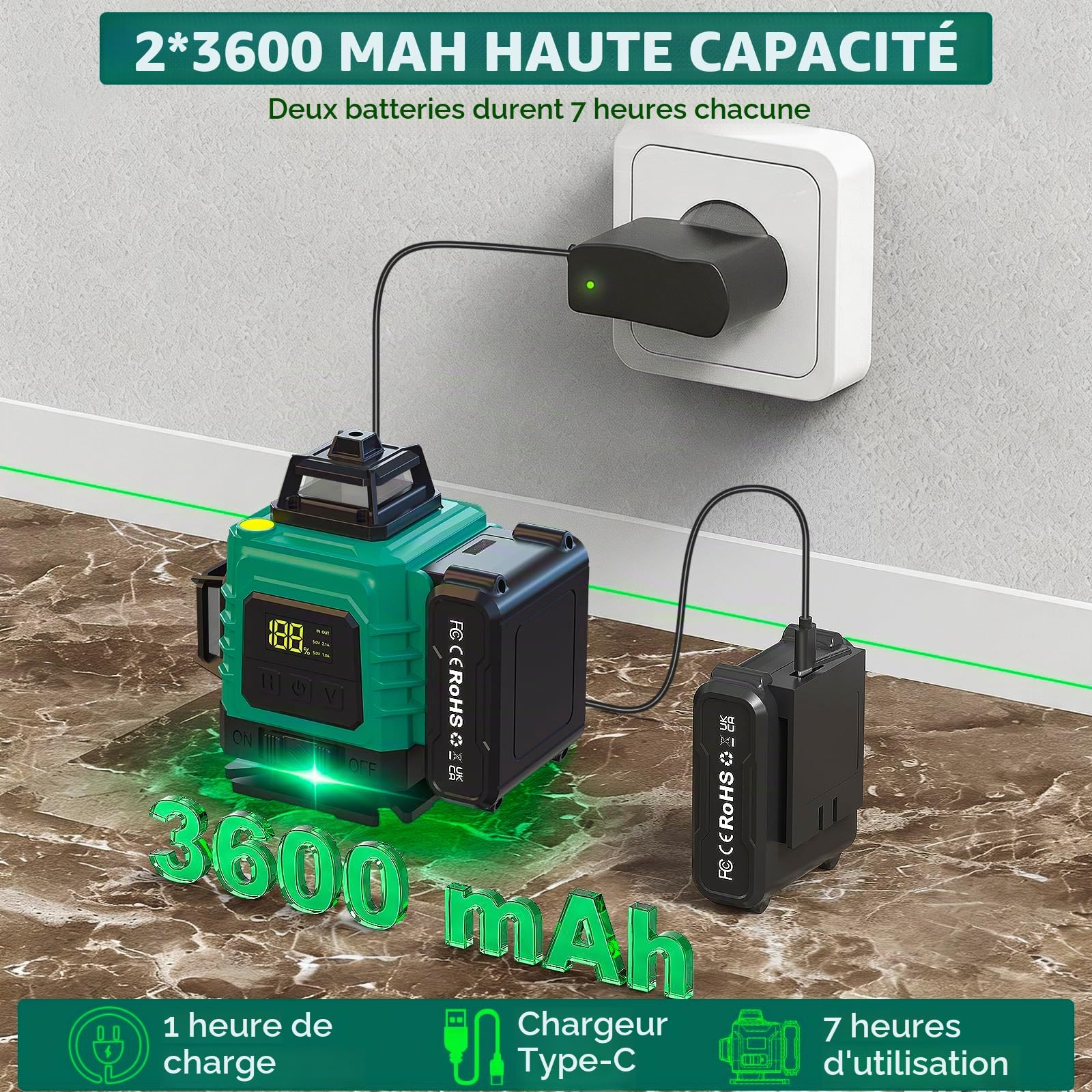 4 x 360° Niveau laser avec Trépied - Niveau Laser 4D 16 Lignes Auto-nivelant,3600mAh Piles,Laser Chantier Vert Étanche et Anti-poussière,avec Télécommande,pour Chantier de Construction,Intérieur