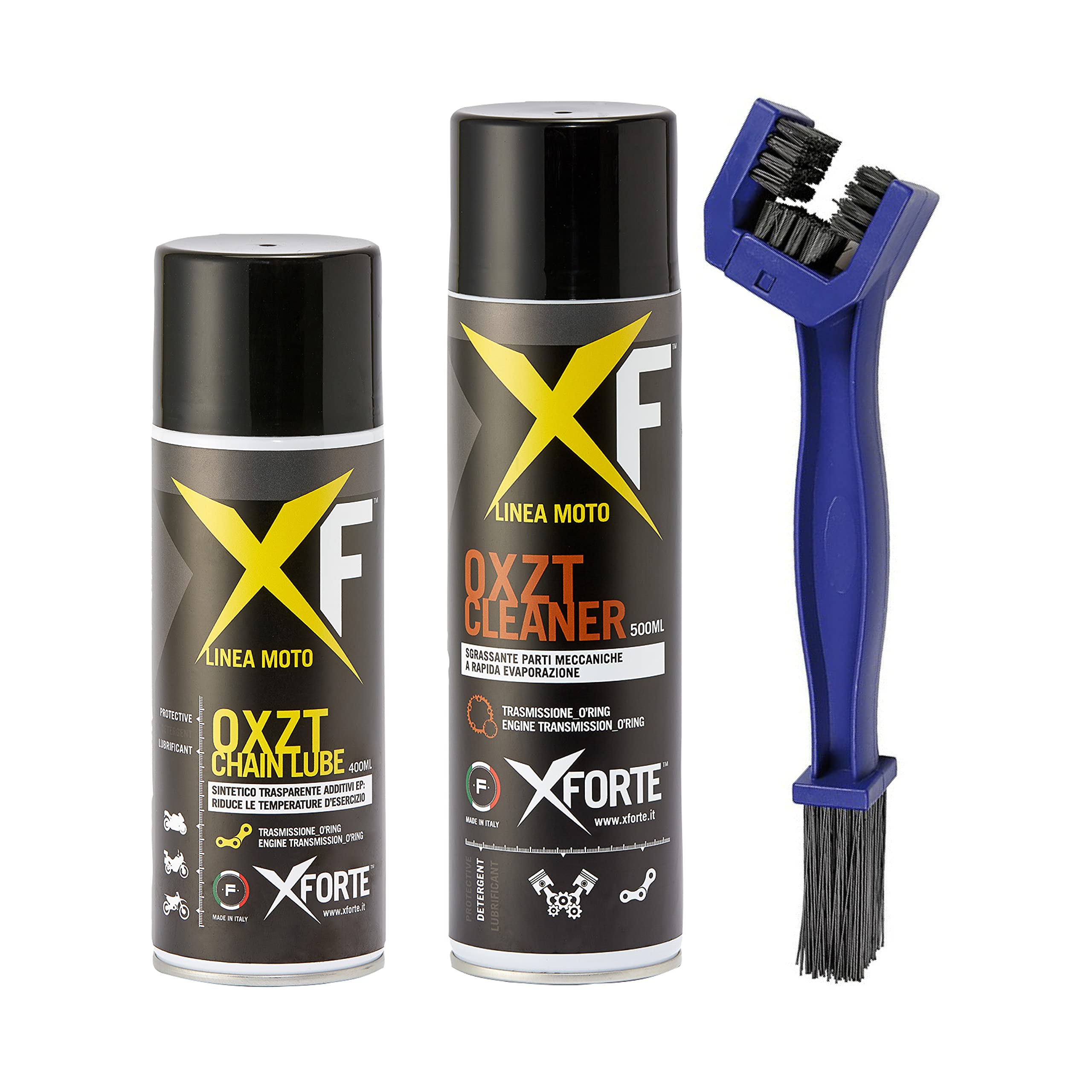 XFORTE - Kit Manutenzione Catena Moto - 1 Pulitore Spray 500ml + 1 Grasso Catena Moto Trasparente Sintetico Alte Prestazioni Spray 400ml + Una Spazzola per la Pulizia della Catena della Moto