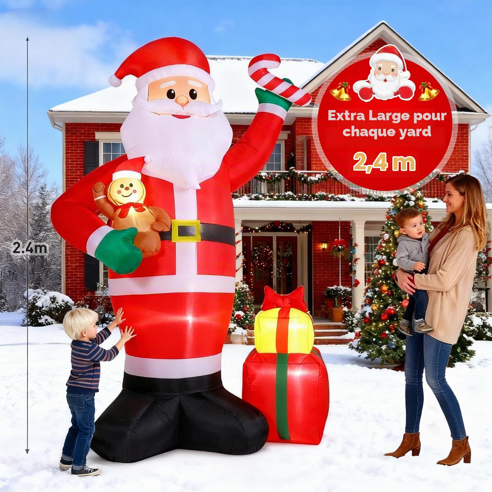 Quntis 244 CM Pere Noel Gonflable Exterieur avec LEDs Blanc Chaud, IP44 Pere Noel Gonflable, XXL Decoration Noel Exterieur Gonflable pour Intérieur Extérieur Jardin Pelouse Fête Christmas