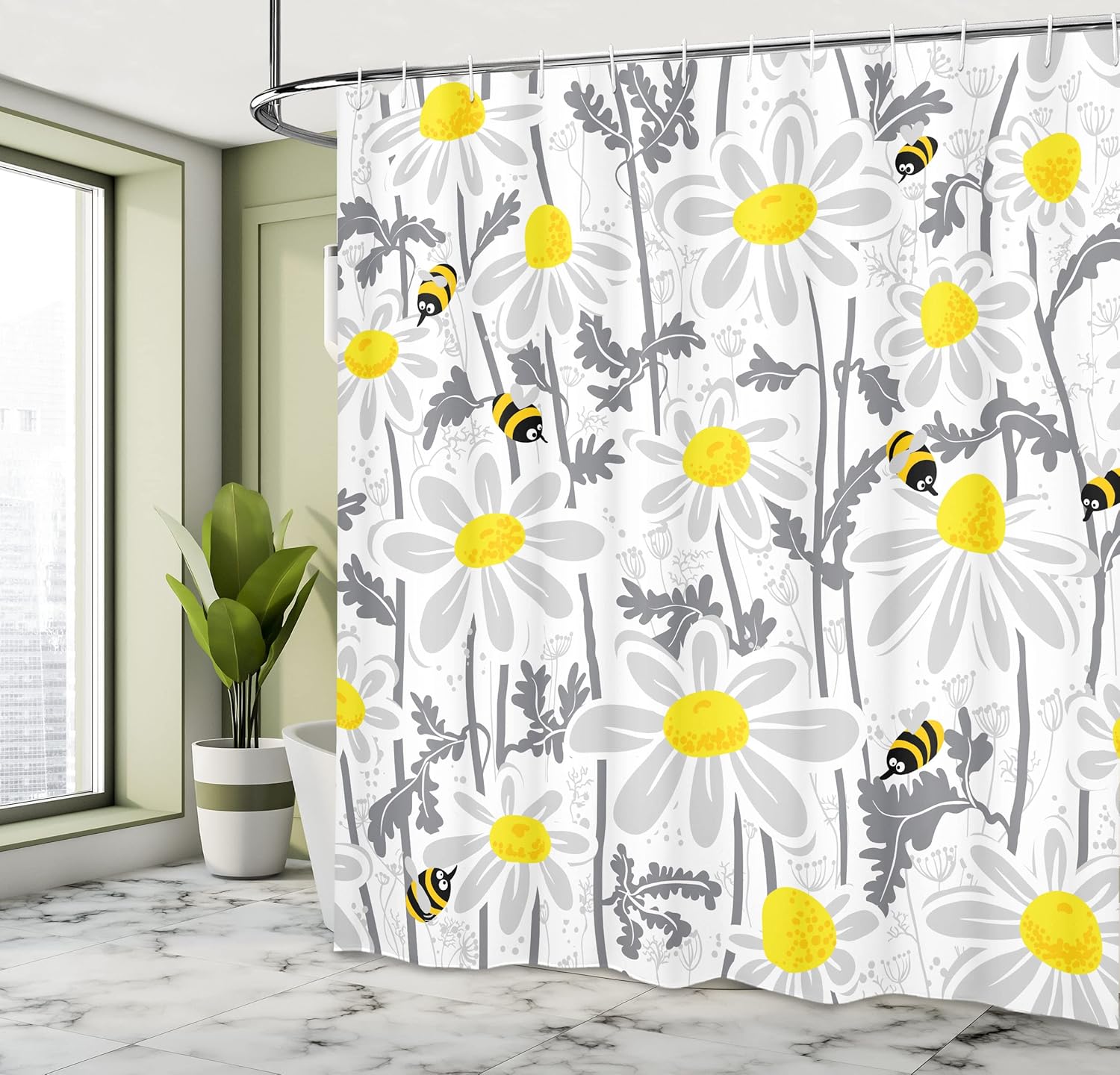 Ambesonne Grey Shower Curtain, Daisy Flowers Bees in Spring Time Honey Petals Floret Nature Purity Blooming, Cloth Fabric Bathroom Decor Set with Hooks, 69" W x 84" L, Yellow White