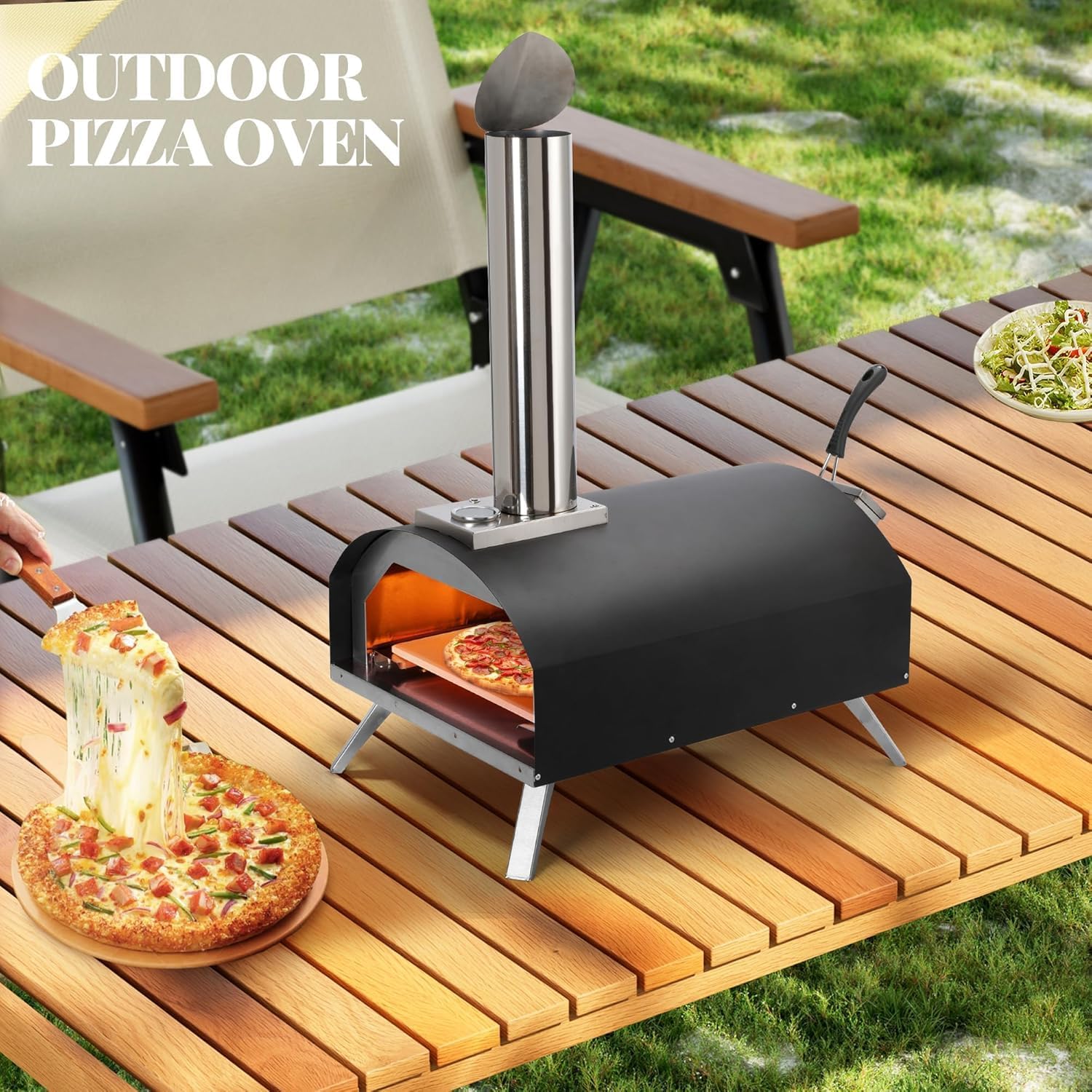 12" Portable Wood Fired Pellet Pizza Oven, Stainless Steel Outdoor Pizza Maker with Built in Thermometer for Backyard Camping Picnics