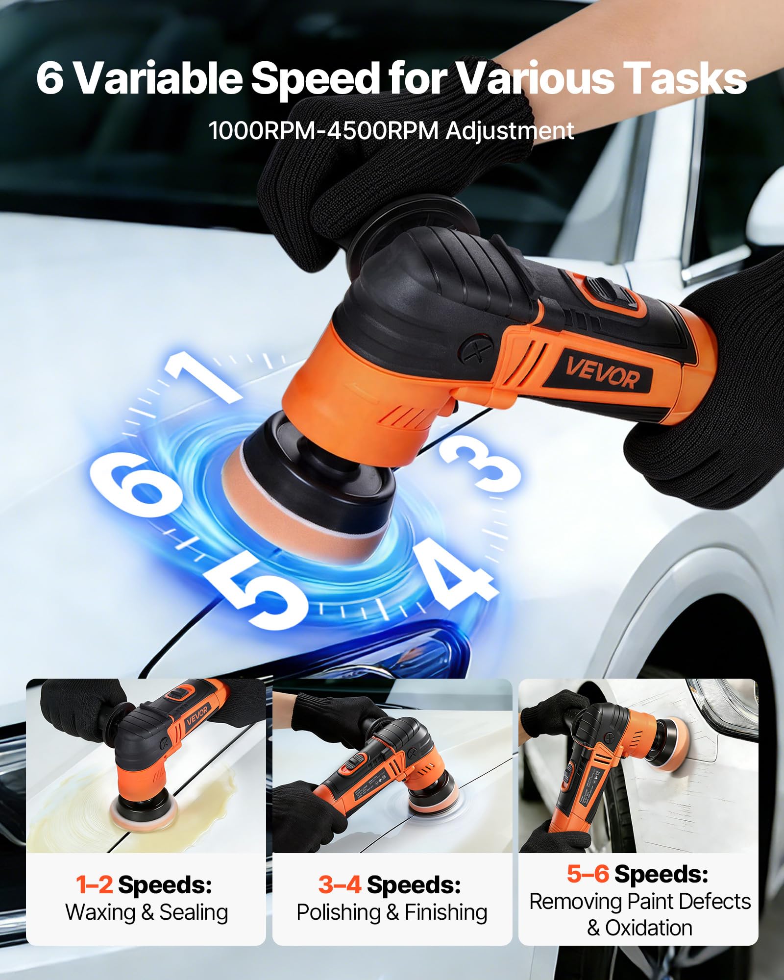 VEVOR Pulidora para Coche 600 W, 6 Velocidades 1000-4500 RPM, Kit 3 en 1 con Platos 30/50/76 mm, Almohadillas de Esponjas, Lana, Microfibra y Extensiones para Pulido Abrillantado Encerado Detallado