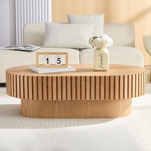 Oak Coffee Table for Living Room Oval Wooden Coffee Table with Pedestal Modern Handcrafted Centre Table Tea Table Easy Assembly 43.7"