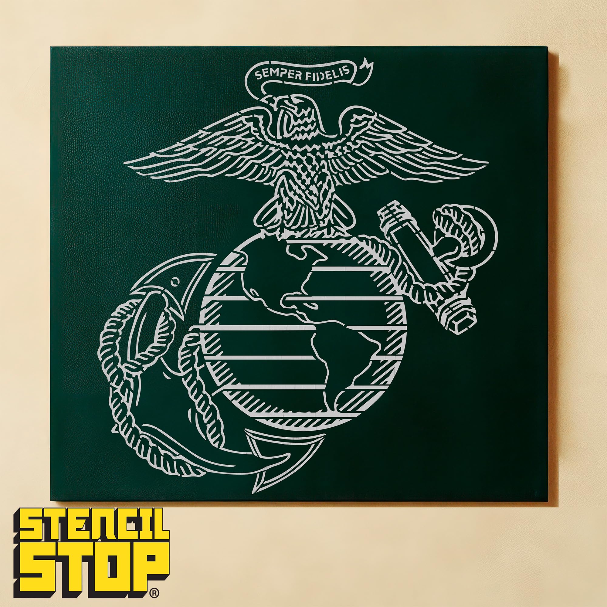 Stencil Stop Semper Fidelis Szablon z logo, wielokrotnego użytku, do projektów DIY, malowania, rysowania, rzemiosła, 14 mil, tworzywo sztuczne mylarowe (56 x 61 cm)