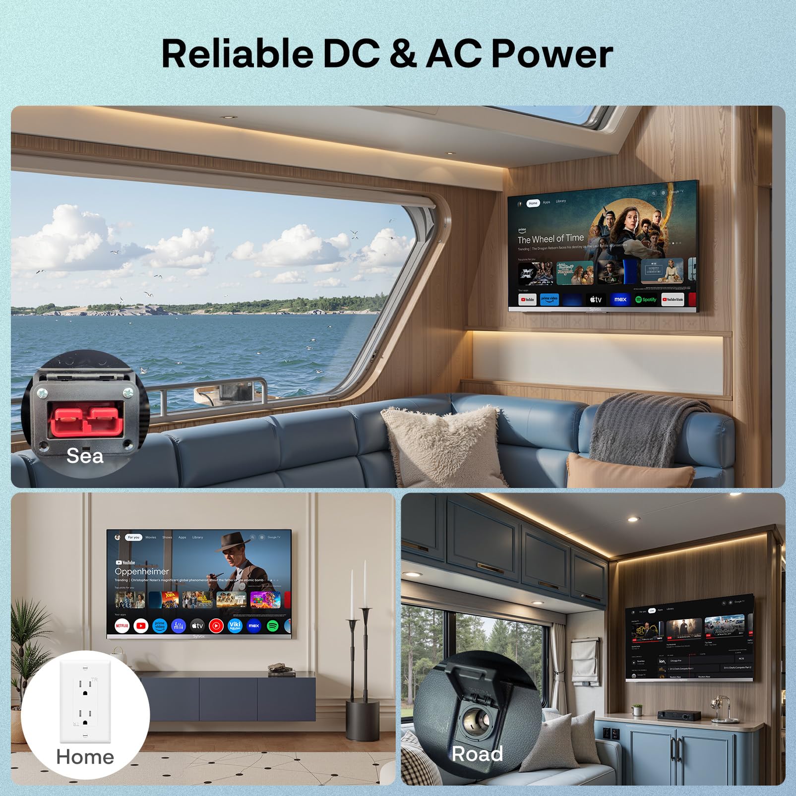 SYLVOX 22-inch RV TV, 1080P FHD Smart Google TV, 12V/24V DC & AC Power, with Built-in DVD Player for Truck RV Boat, Waterproof Remote, 9-32V Wide Voltage Shock-Resistant Design