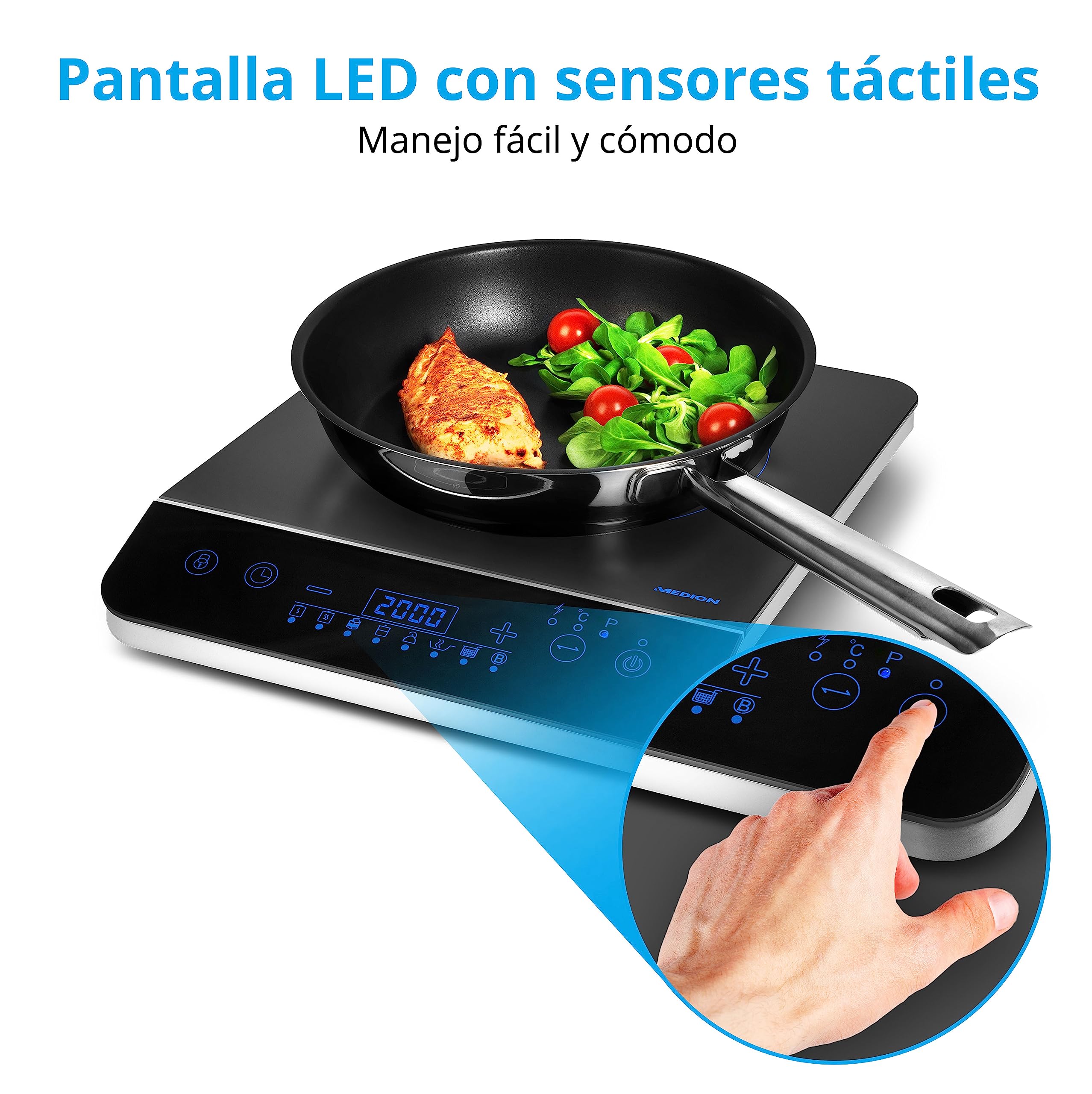 Placa de inducción MEDION / 2000 W/rango de temperatura 60-240°C / 8 programas automáticos / 10 niveles de potencia/pantalla LED/MD 17595 / negro