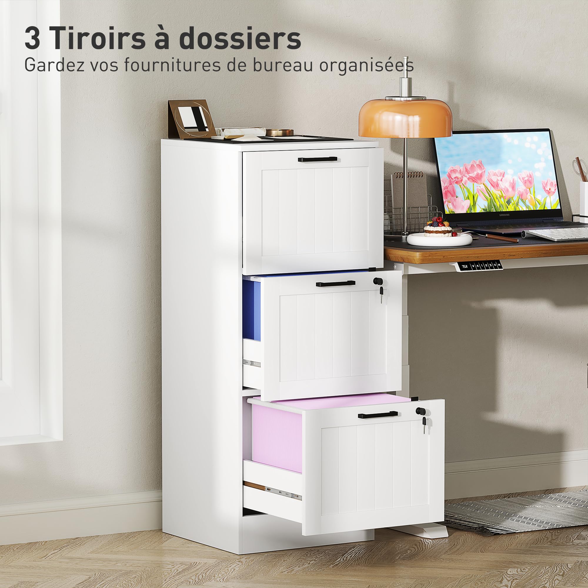 HOMCOM Cassettiera da scrivania con 3 cassetti e serrature, mobile per ufficio con barre di sospensione regolabili per documenti, cassettiera compatta per ufficio o camera da letto, 40x40x101 cm