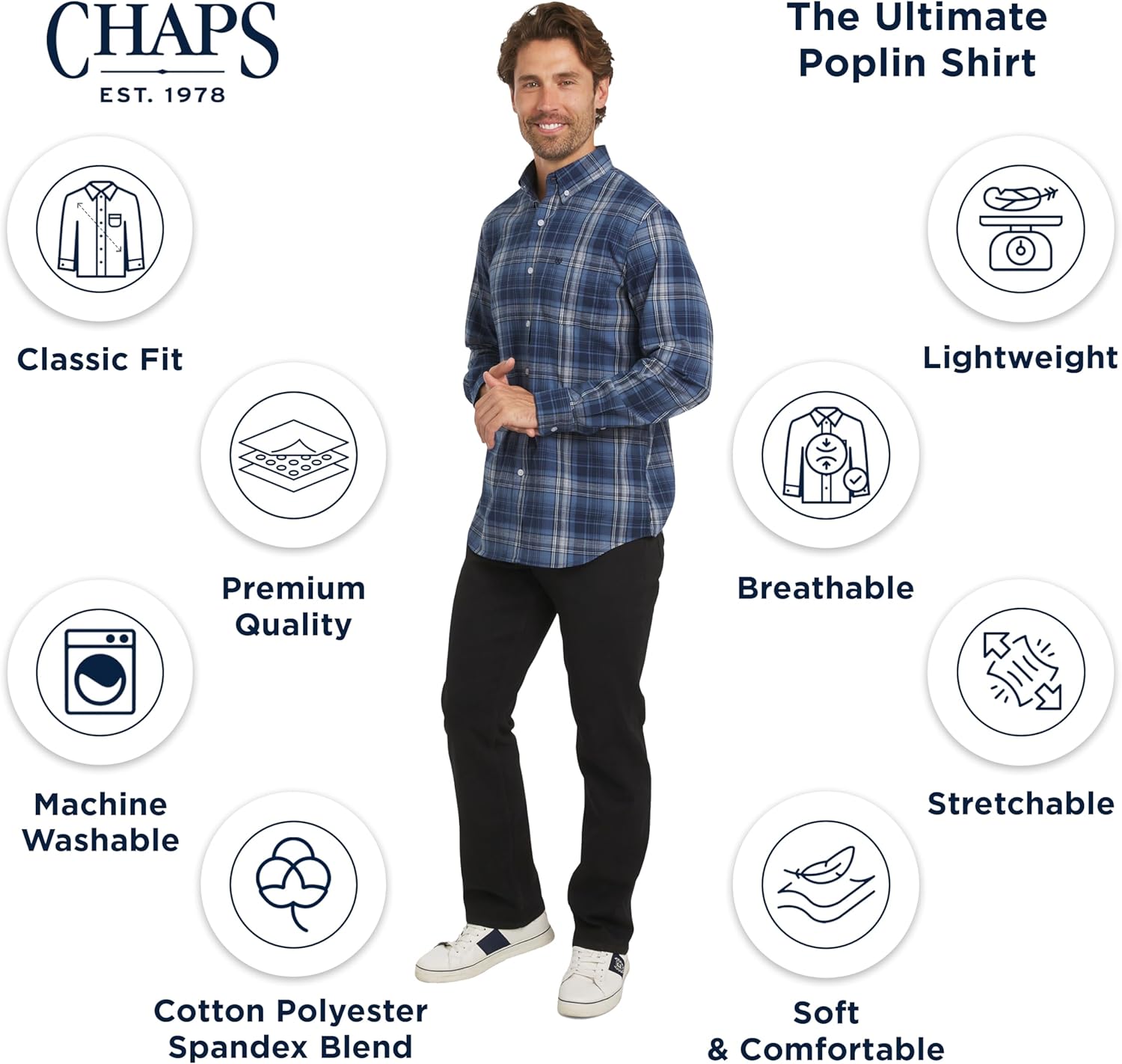 Chaps Mens Classic Fit Long Sleeve Button Down Stretch Poplin Casual Shirt - Image 3