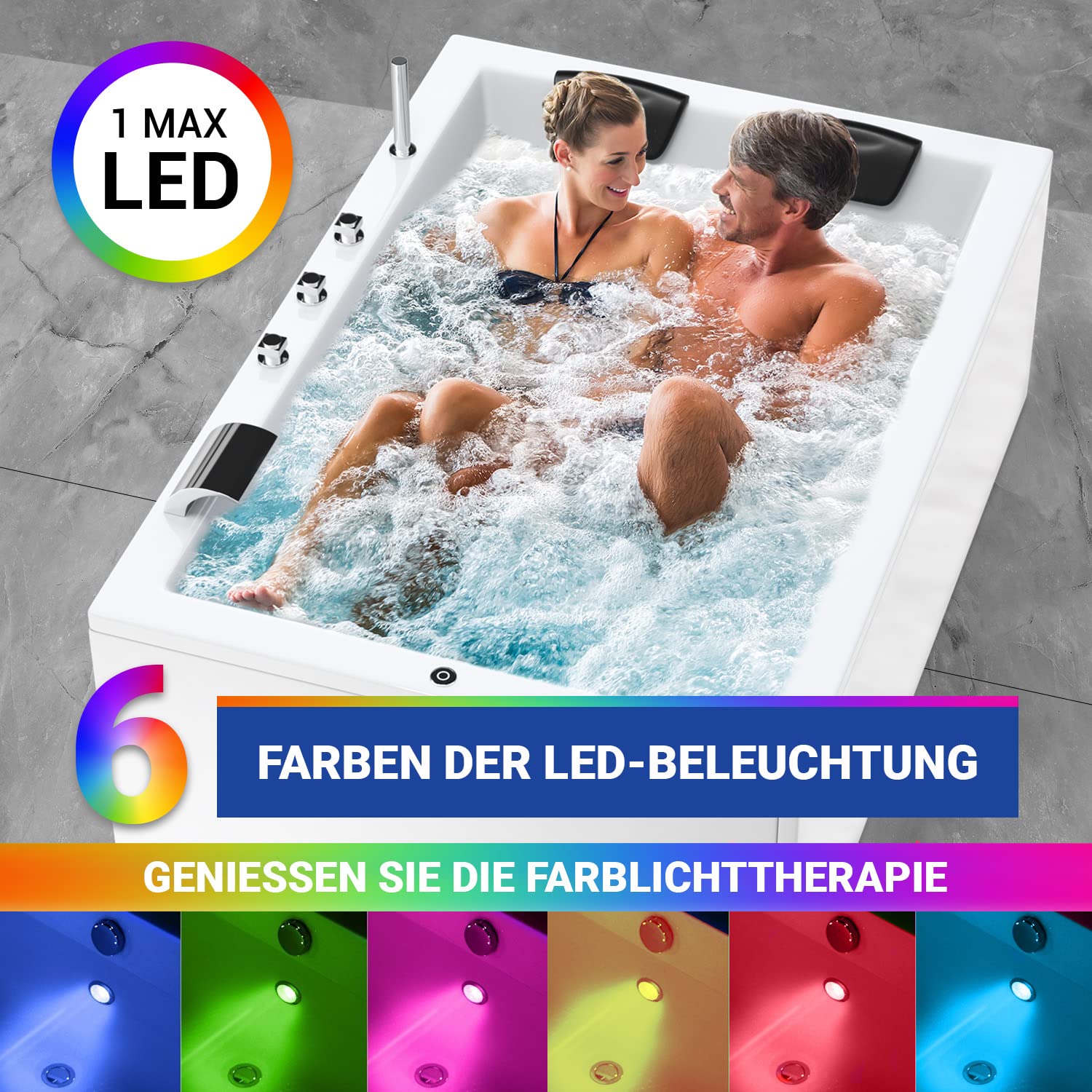 AQUADE Jacuzzi 2 Person Whirlpool Marburg Basic XL 180x130 mit LED Whirlpool Beleuchtung, Armatur Whirlpool Badewanne & Badekissen für Badewanne Whirlpool 2 Personen/Badewanne Komplett Set