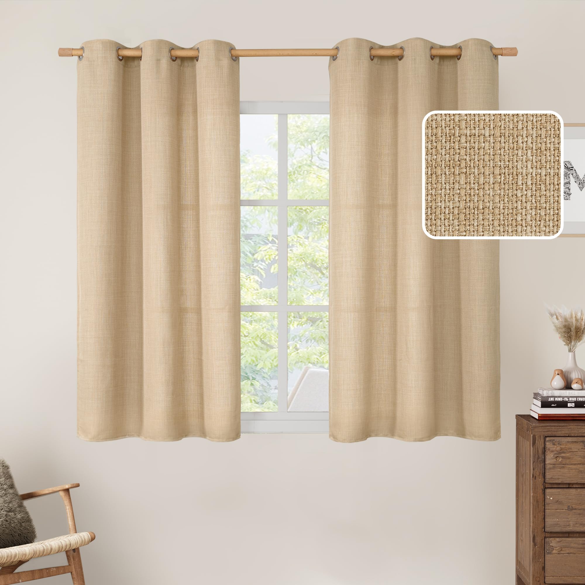 LAMIT Natural Tan Linen Curtains 45 inch Length for Small Windows 2 Panels