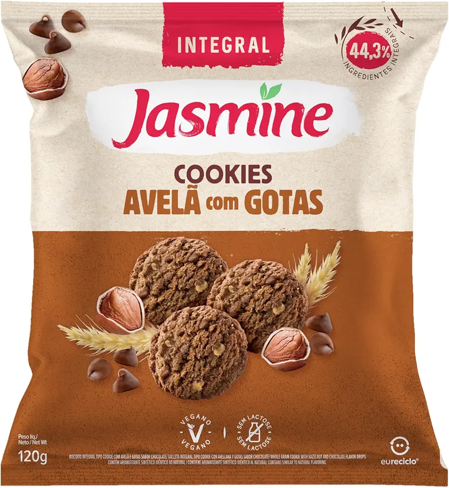 Jasmine Biscoito Cookie Vegano Integral Avelã com Gotas de Chocolate 120g