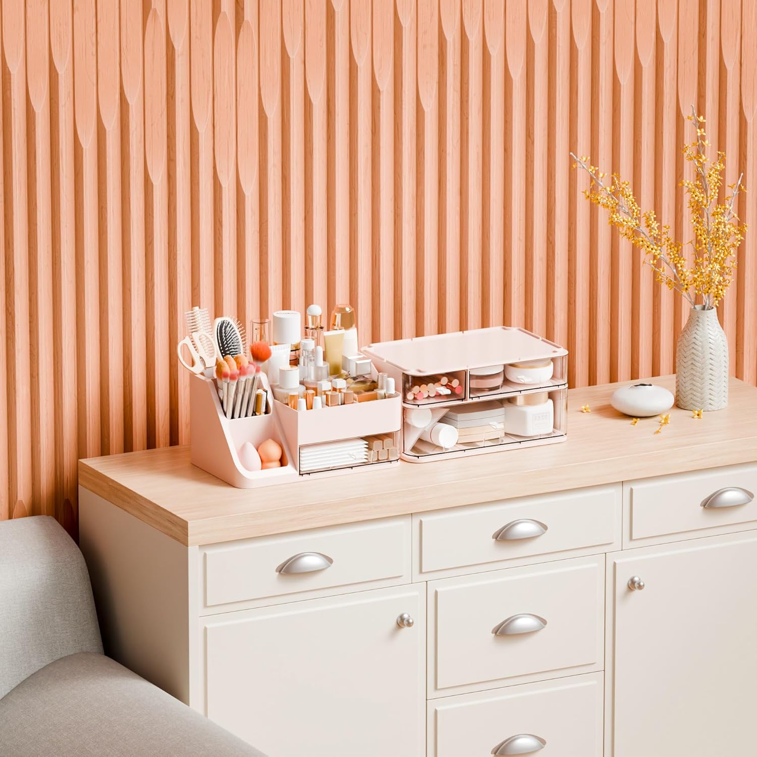 Yieach Pink Makeup Organizer Countertop With 4 Drawers,Large Cosmetics Storage Organizer for Brush,Hair Products,Plastic Makeup Holders and Beauty Skincare Organizers for Bathroom,Vanity,Dresser Top