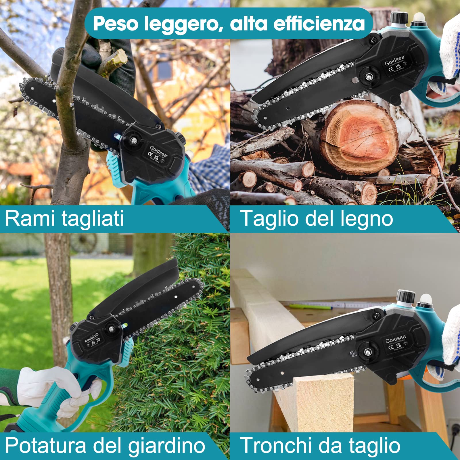 Mini Motosega a Batteria con 4000mAh Batterie Goldsea 6 Pollice, Motosega a Batteria per Potatura con Oliatore Automatico, Sega a Batteria per Potatura per la Degli Alberi e il Taglio Della Legna