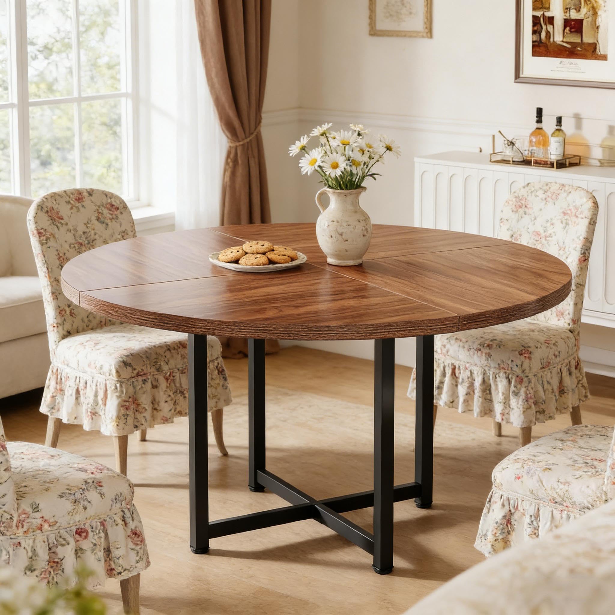 Tavolo da pranzo rotondo 120 cm - tavolo da cucina rotondo in legno e metallo, tavolo da pranzo industriale per 4-6 persone, design salvaspazio, colore nero/marrone