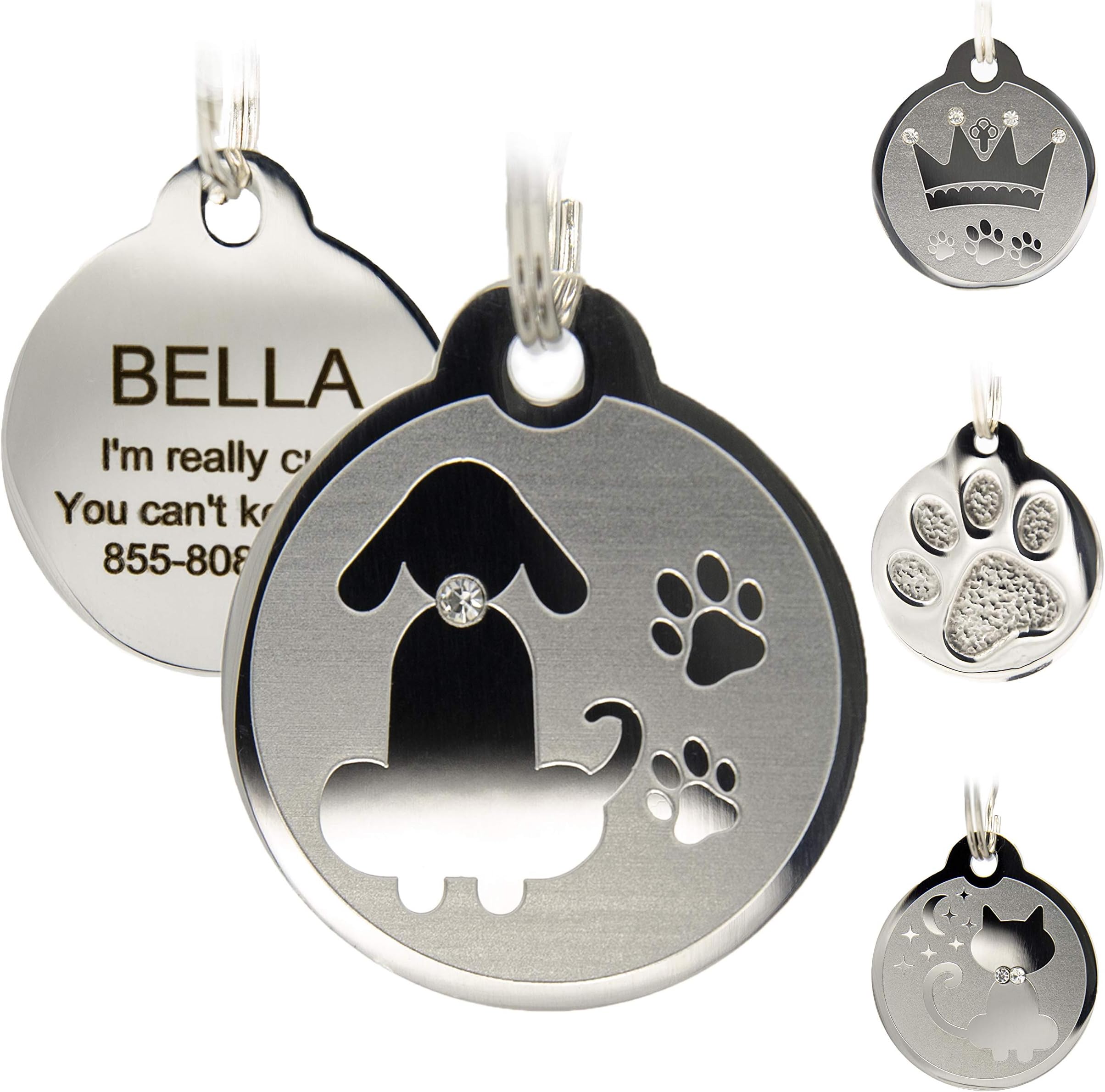Designer Custom Engraved Stainless Steel Pet ID Tags - Engraved Personalized Identification Durable & Long Lasting Dog Tags, Cat Tags