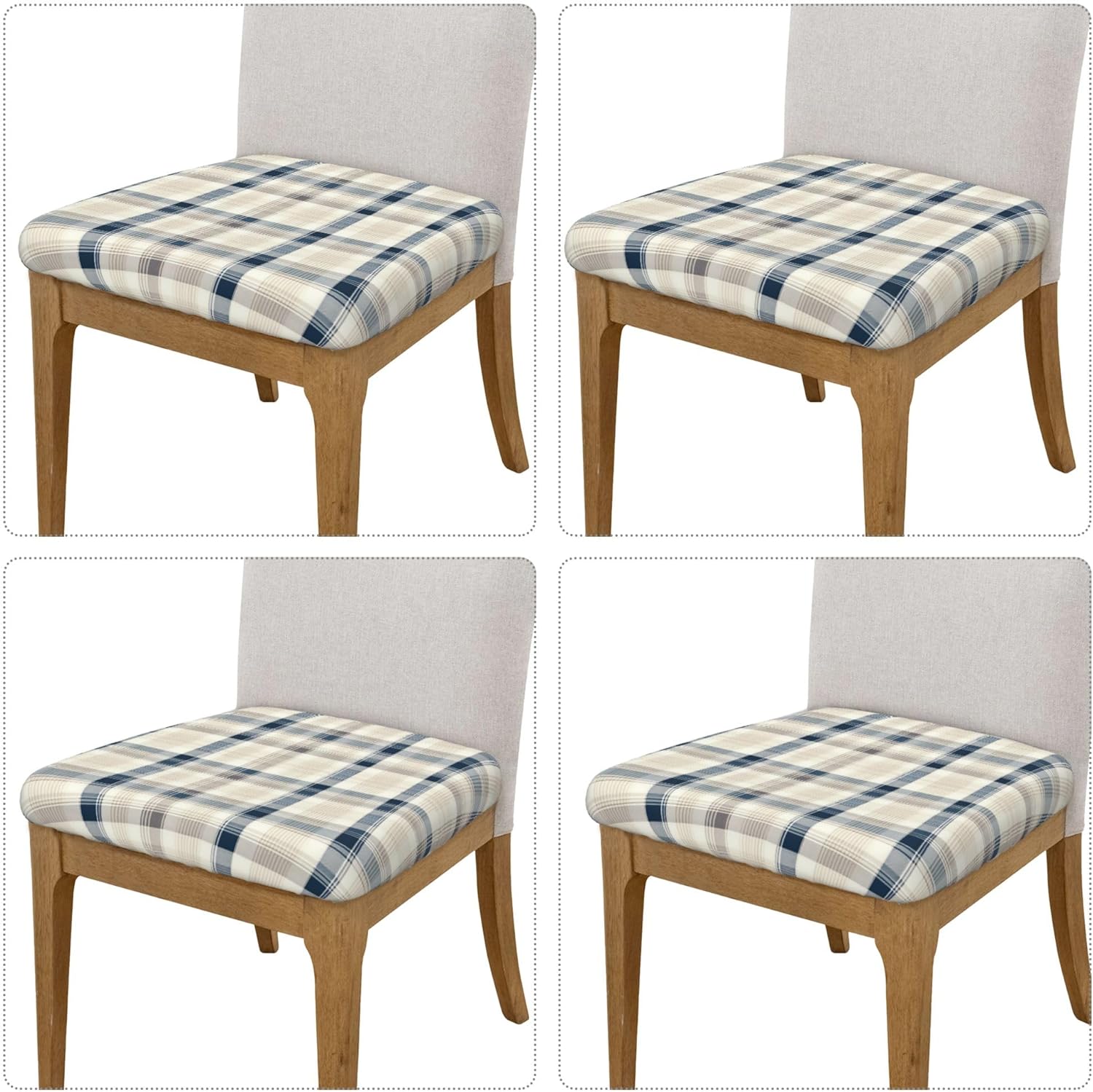 Dining Chair Seat Covers, Navy Beige Plaid Check Chair Seat Protector Cushion Slipcovers Waterproof Dining Room Seat Covers Chair Cushion Covers for Dining Room Office