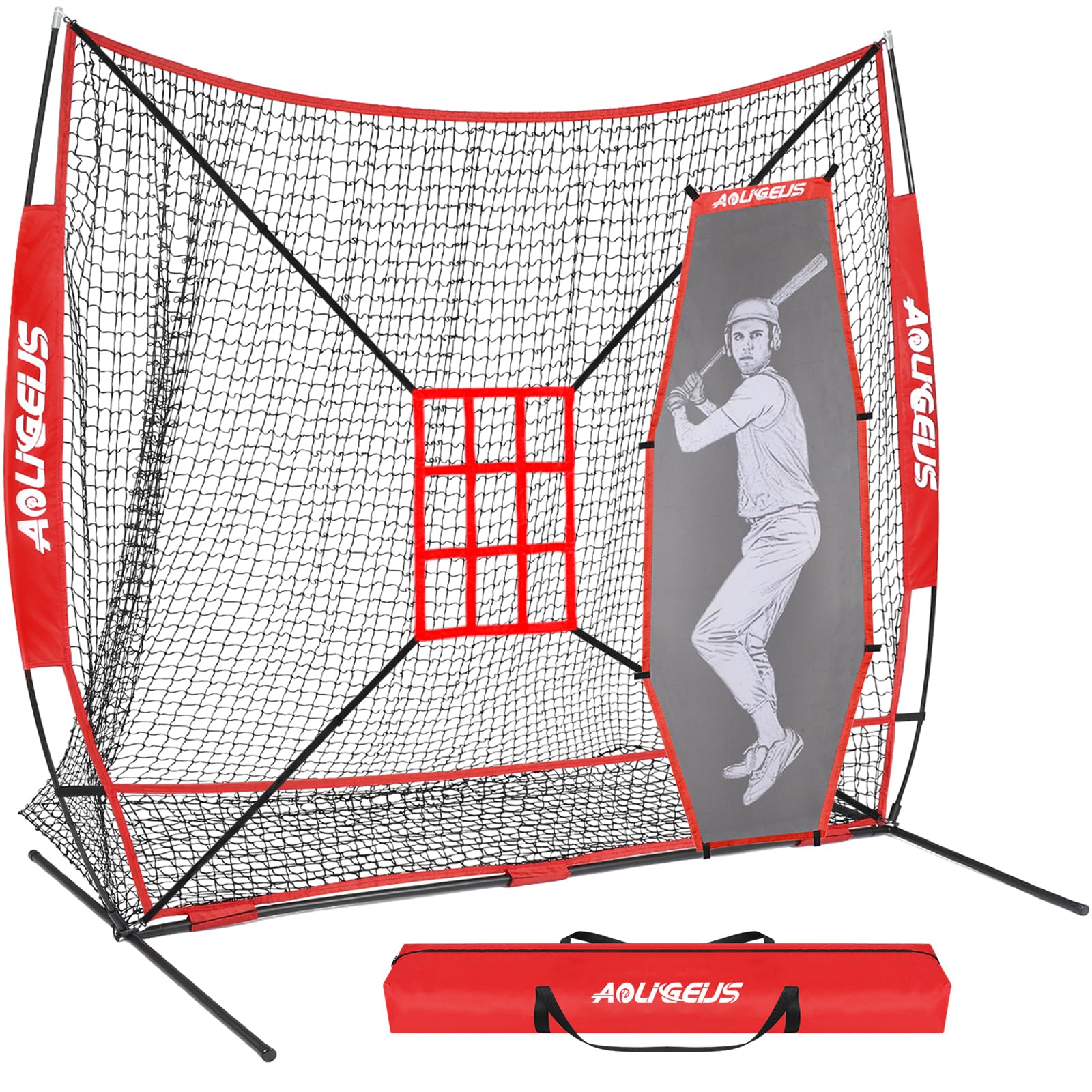 AOLIGEIJS 7'X7' Baseball Softball Practice Net,Pitching Net,Batting Net,with Large Ball Collection System,Baseball Pitching Kit - Batter Dummy,Bonus