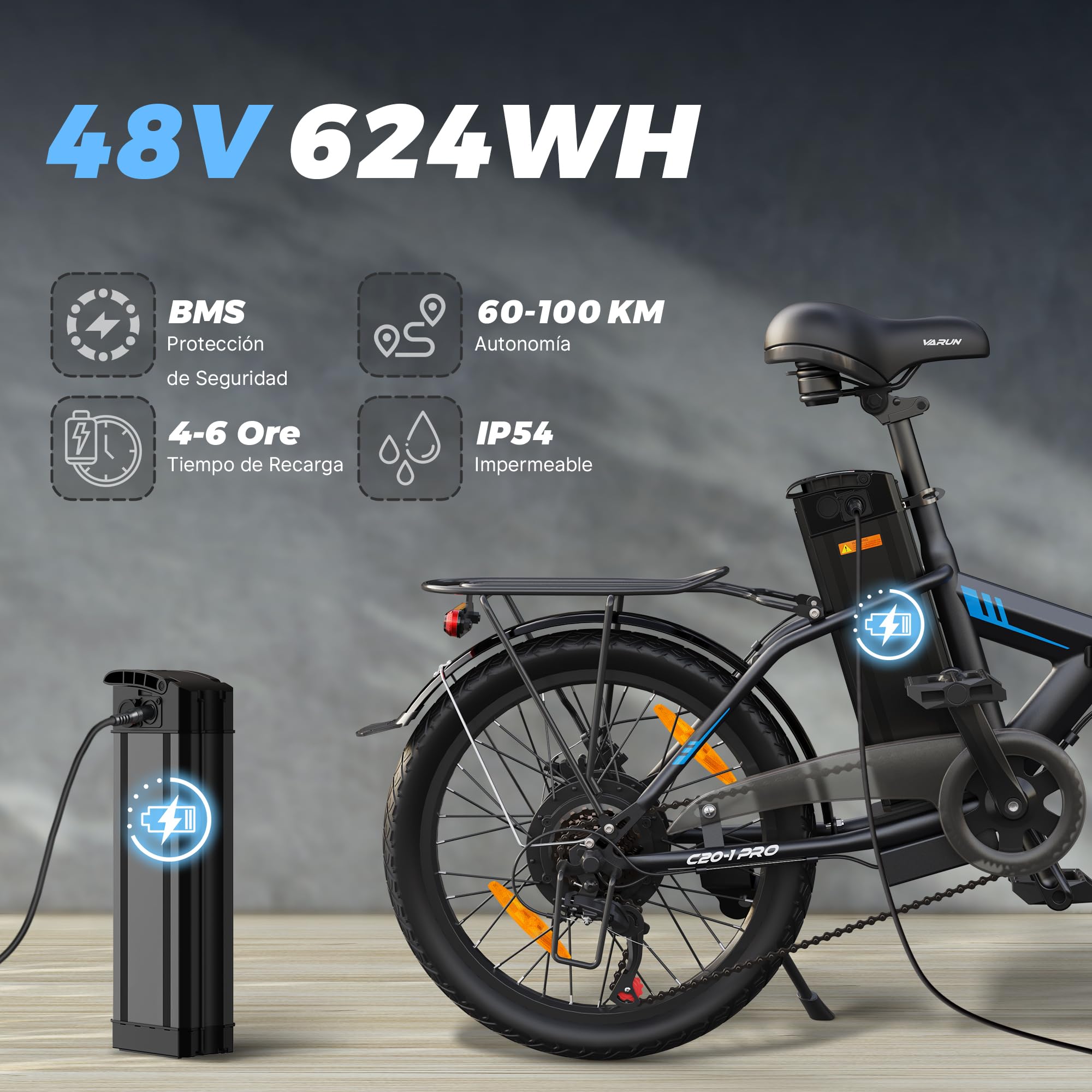 VARUN Bicicleta Electrica, 20'' Bicicleta Eléctrica Plegable, Bici Electrica para Adultos con Batería Extraíble de 48V 624Wh, Autonomía de 100Km, Pantalla LCD, Ebike para Hombre y Mujer