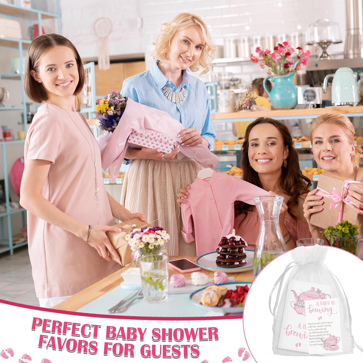 Spakon 50 Sets Baby Shower Favors for Guest Include a Baby Is Brewing Tea Bags Pink Thank You Cards Organza Bags Gender Reveal Supplies Souvenirs Prize, No Tea