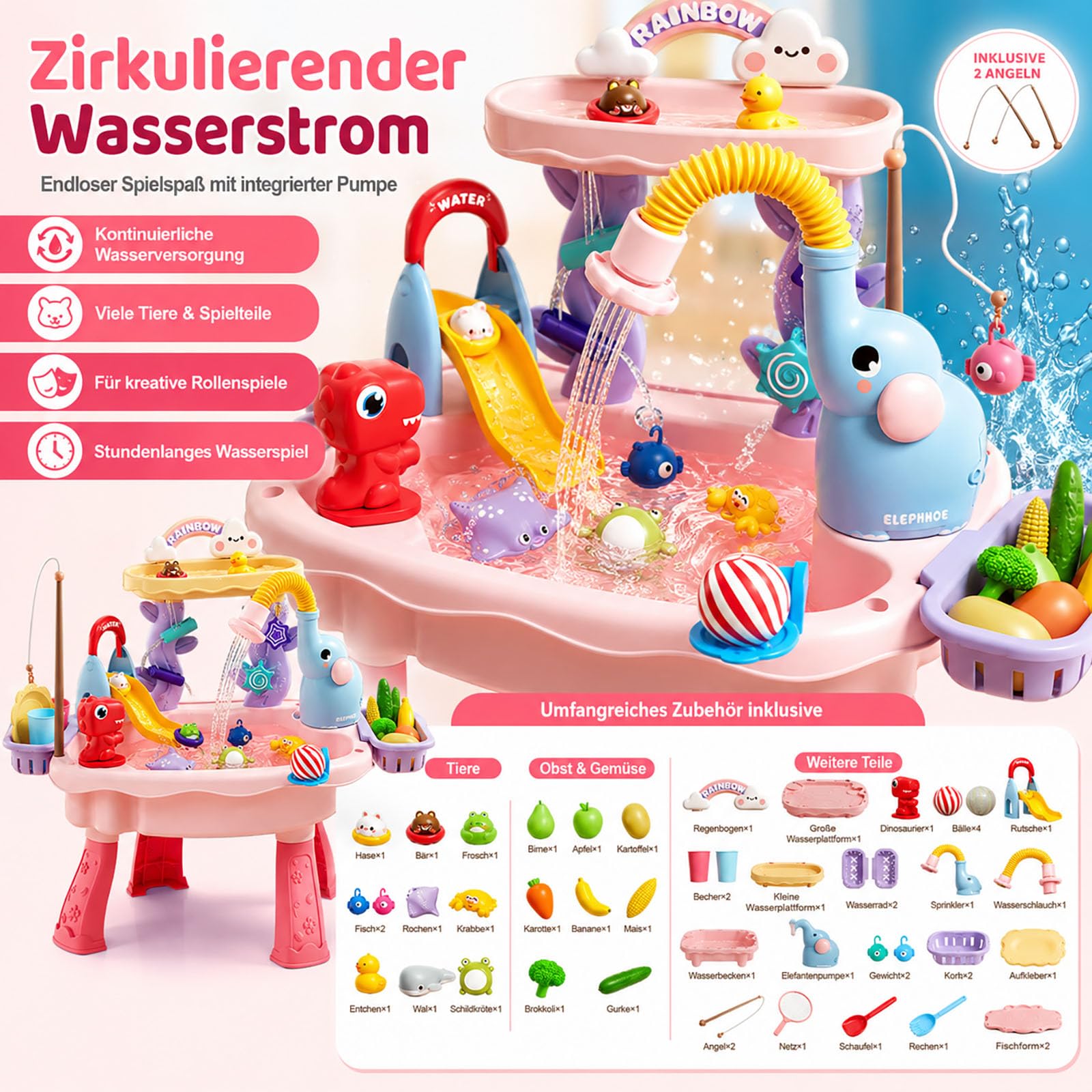 Wasserspieltisch für Kinder mit Angelspiel, Outdoor Wassertisch，pink | Sommer & Camping, Für Terrasse & Park, Innenbereich geeignet, Aquaplay Spielzeug, Outdoor Wasserspiel