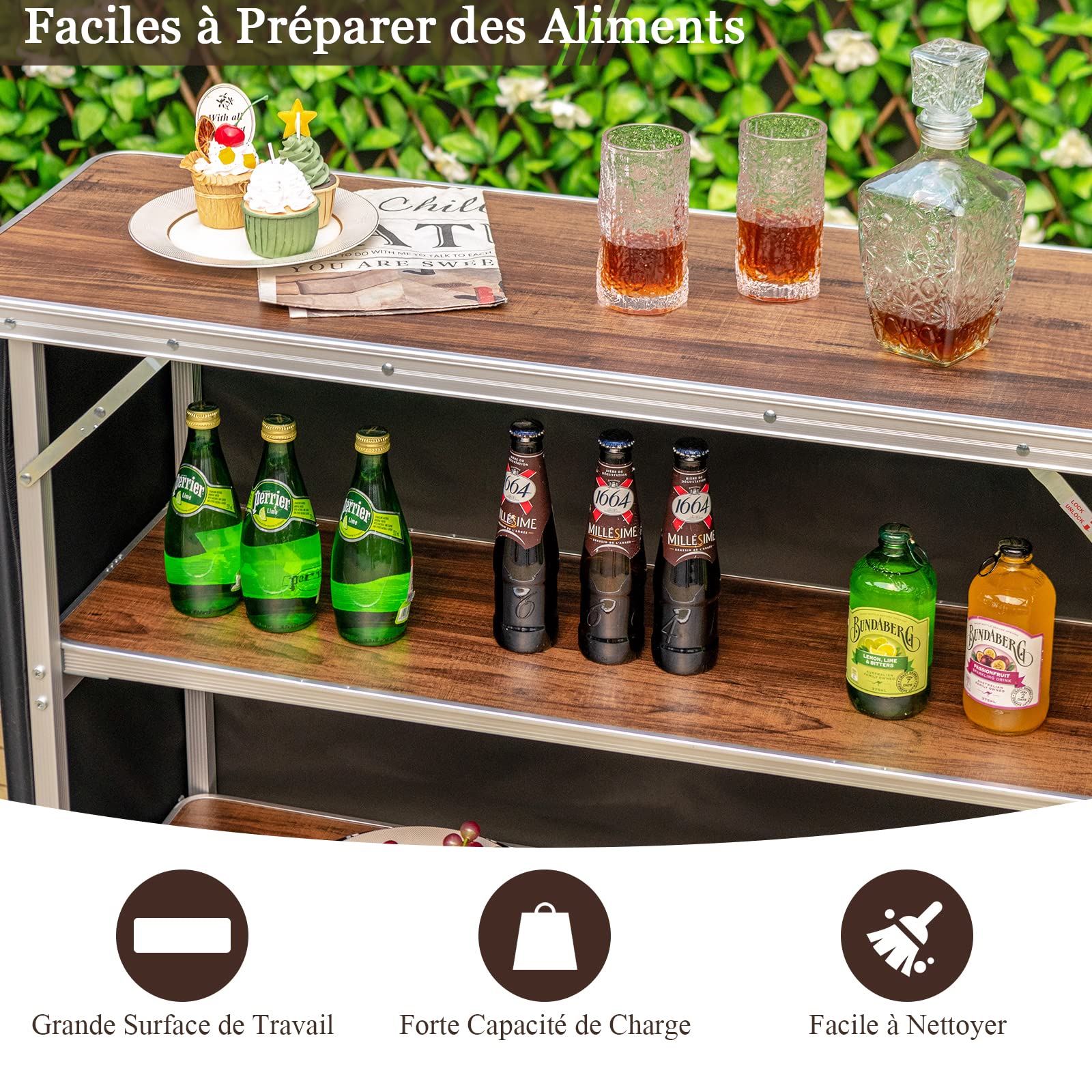 GOPLUS Mesa de camping plegable para picnic con almacenamiento, mesa portátil ligera de aluminio con bolsa de transporte, estación de preparación de alimentos con 2 estantes (café)