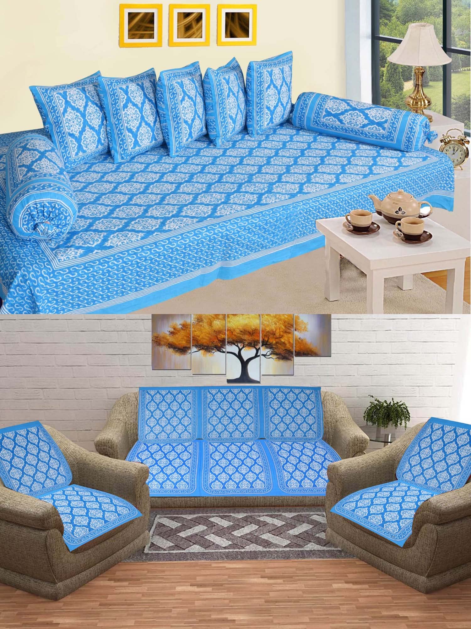SkyKross - Everyday A New Thing Maharaja Special Floral Pure Cotton ROOMSET|Diwan & Sofa Cover Set Combo| Single Bedsheet, 2 Bolster Covers, 5 CushionCovers and Five Seater Sofa Cover (SkyBlue)-image-30