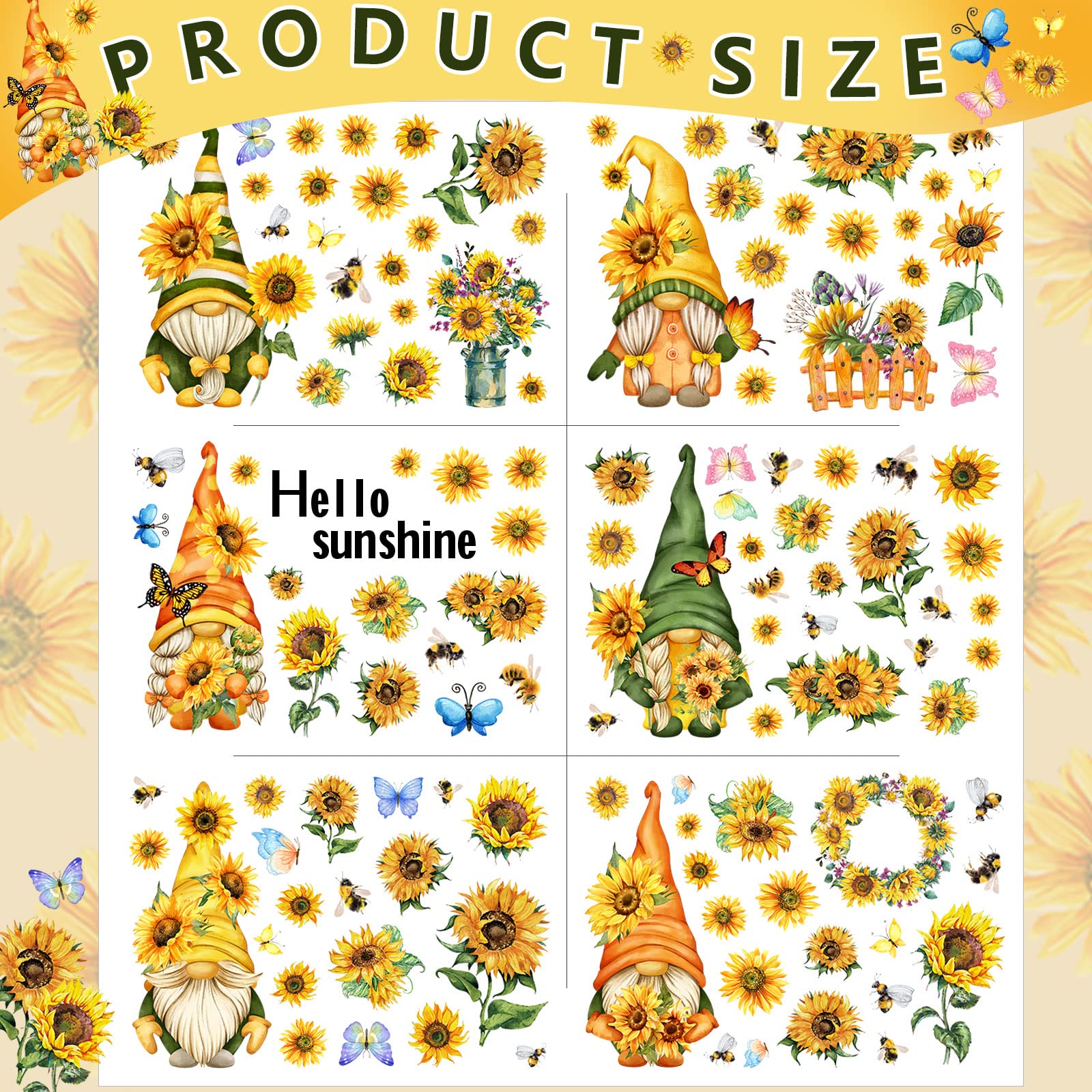 Glenmal 122 Piece Wall Decals - Sunflower Gnome, Bee, Butterfly, Flower Designs - Summer Wall Stickers for Bedroom, Living Room, Bathroom, Window Decor