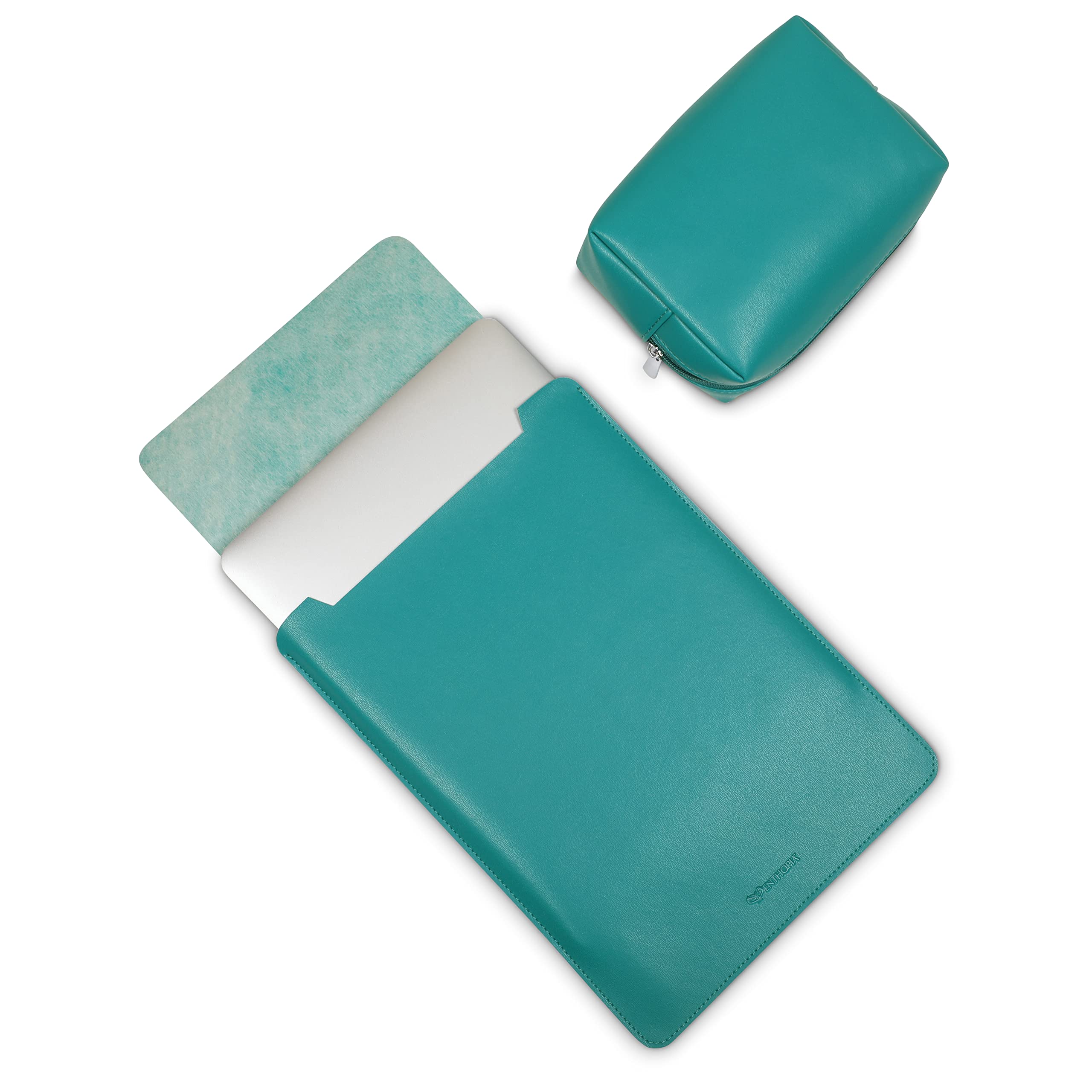 ENTHOPIA Vegan Leather Laptop Sleeve and Pouch Compatible with MacBook Air 13.6” M2 A2681 2022-2023 | Slim Fit, Soft Lining, Water Resistance Laptop Cover | Teal