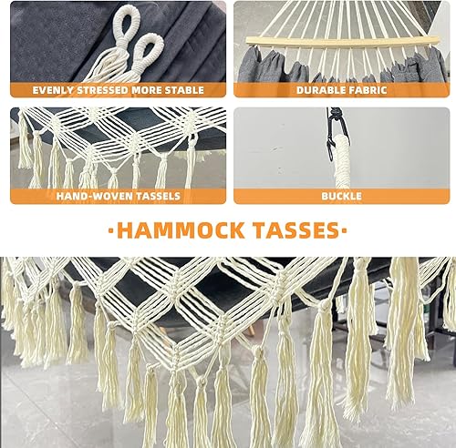 Miniatura 3 de SXSEAGLE Hamaca colgante doble máximo 500 libras macramé para interiores y exteriores, patio, jardín (negro y gris)