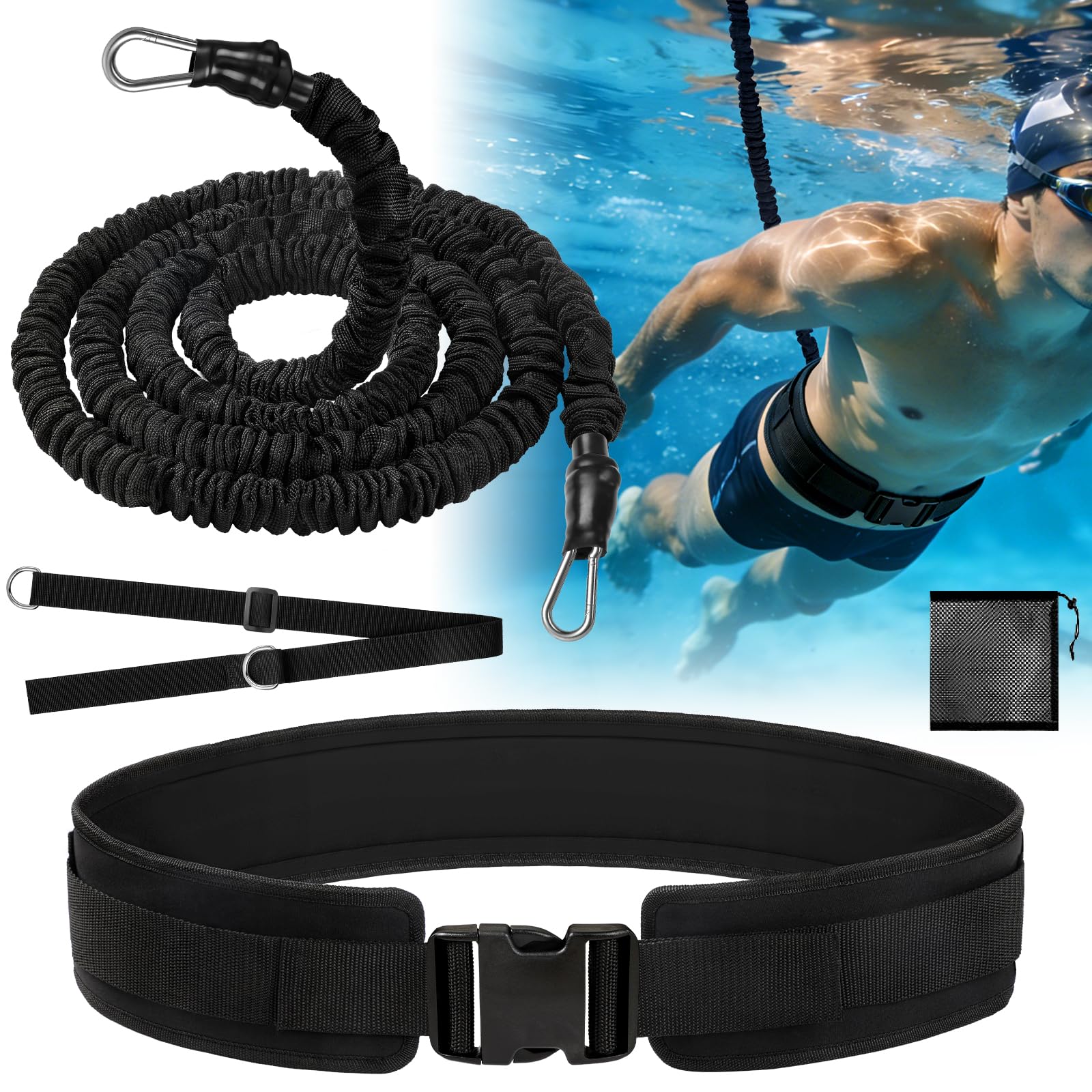 Cinturón de Natación para Piscina Adultos y Niños, 2,5-7,5M Goma Elástico Natación de Látex Natural con Cinturón Ancho y Acolchado, Nadathlon Accesorios Cuerda para Nadar Estatica, Negro