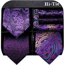 Hi-Tie 3 Pcs Gift Box Mens Tie Set Necktie with Pocket Square Cufflinks Lapel Pin Silk Neck Tie Collection