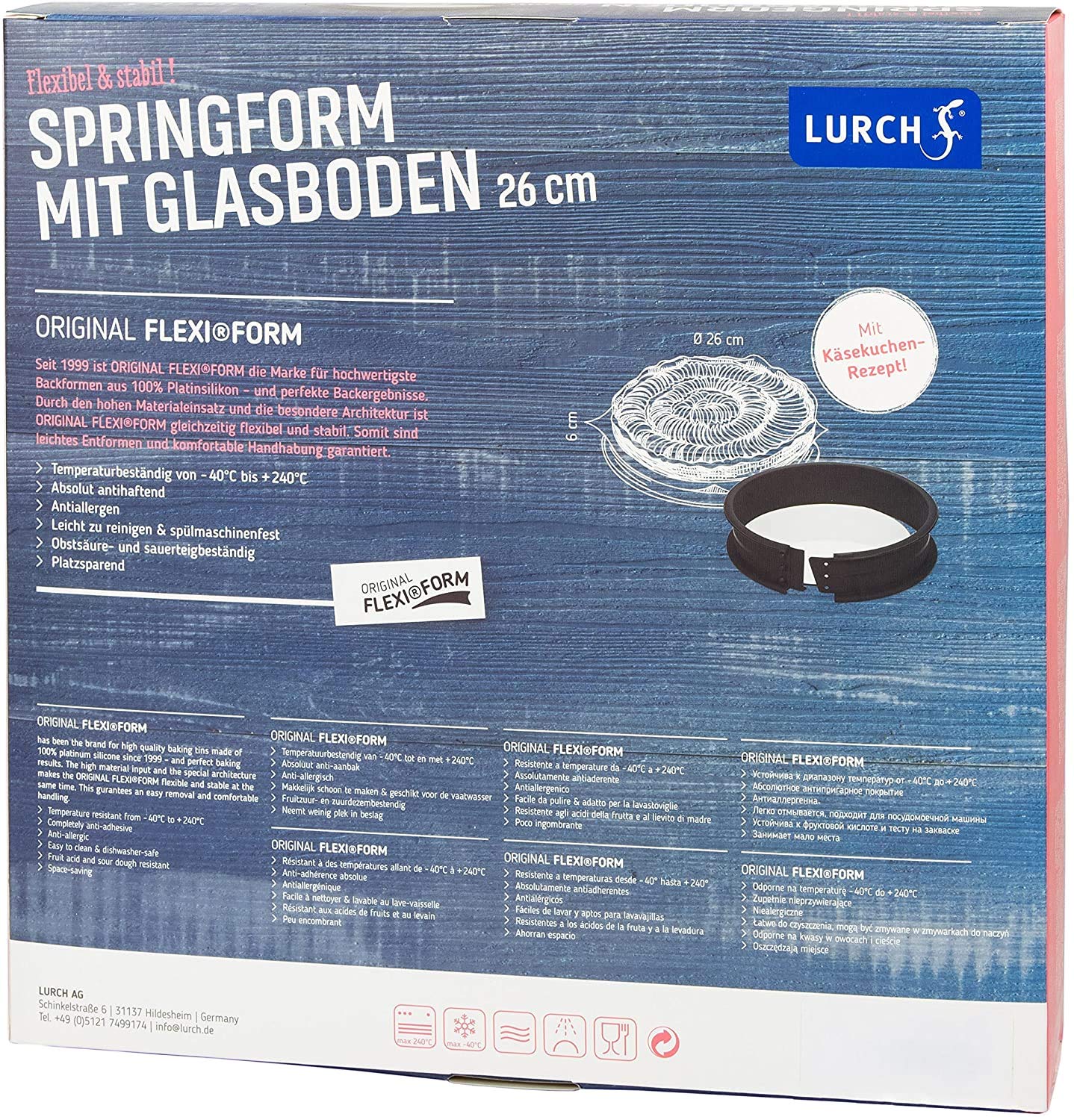 Lurch 85008 FlexiForm Springform mit Glasboden/runde Kuchenbackform (Ø 26 x 6 cm) aus 100% BPA-freiem Platin Silikon, braun