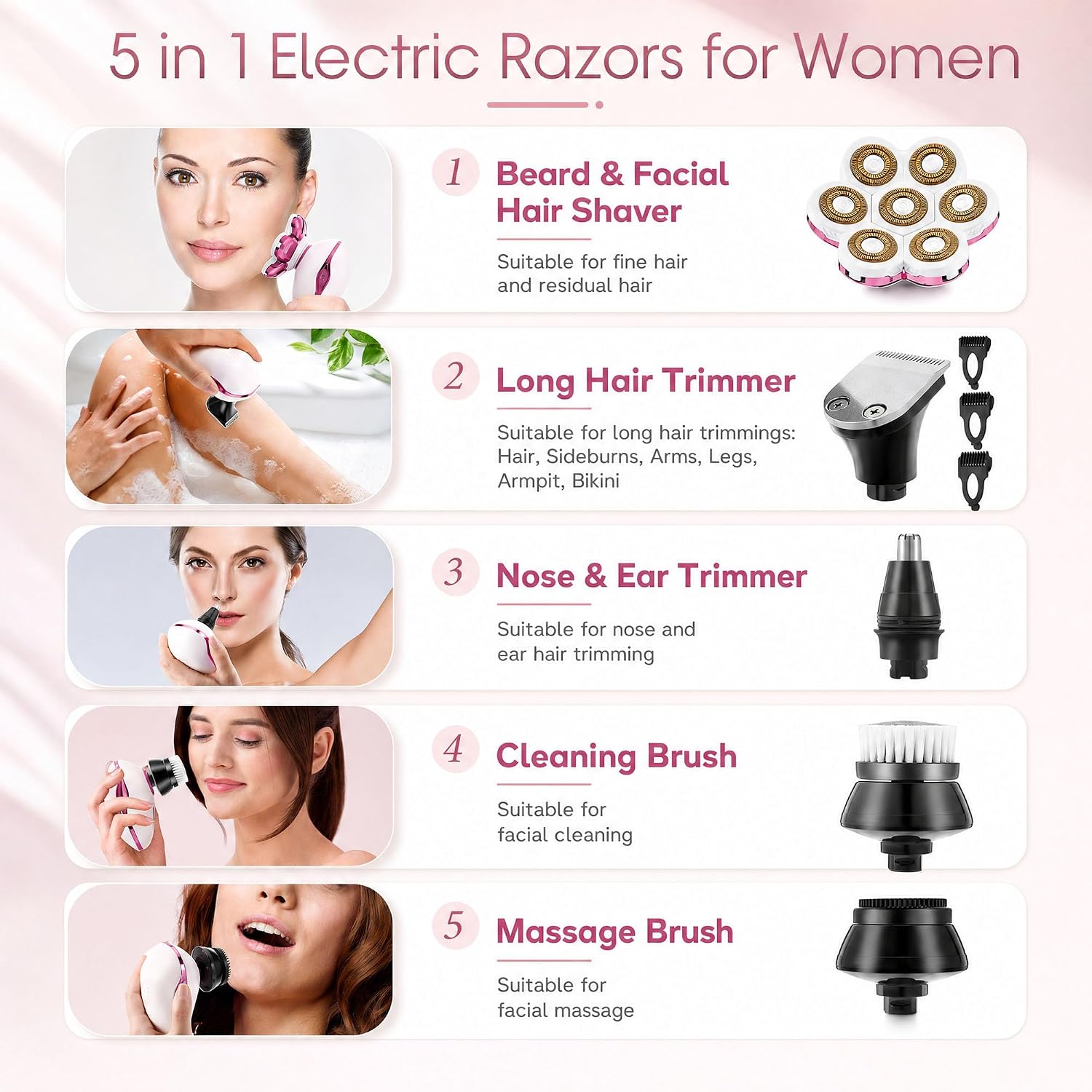 Electric Razors for Women, 7D Electric Shaver for Women, 5 in 1 Lady Shavers, Wet/Dry Bikini Trimmer for Women, Rechargeable Facial Hair Removal, Painless Face Razor for Arms Legs Armpit Pubic Area