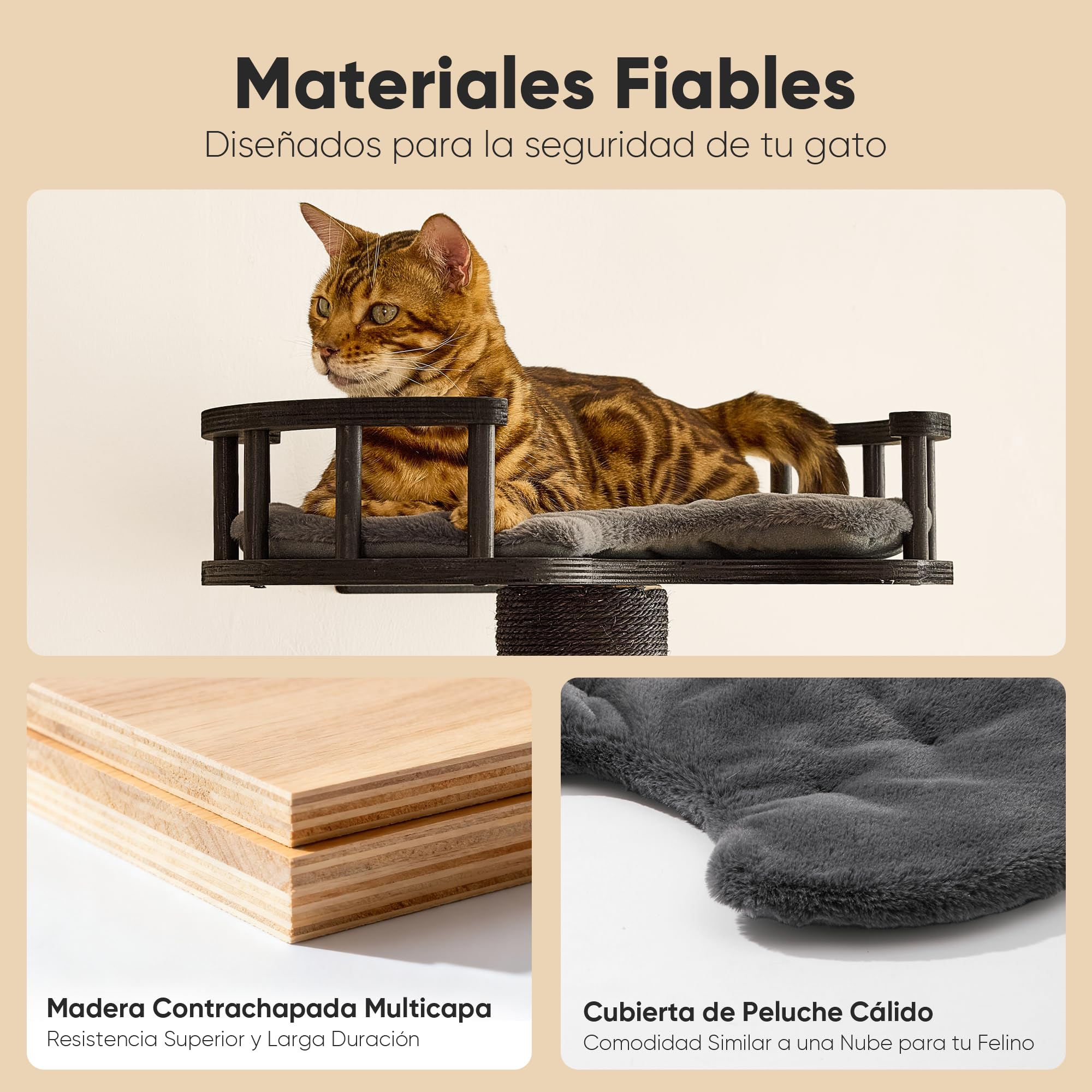 FUKUMARU Set de Pared de Escalada para Gatos, 4 en 1 Mueble de Pared Estable de Madera Multicapa con Hamaca, estantes, Poste rascador y Alfombra de sisal – Kletterwand Ahorra Espacio (Negro)