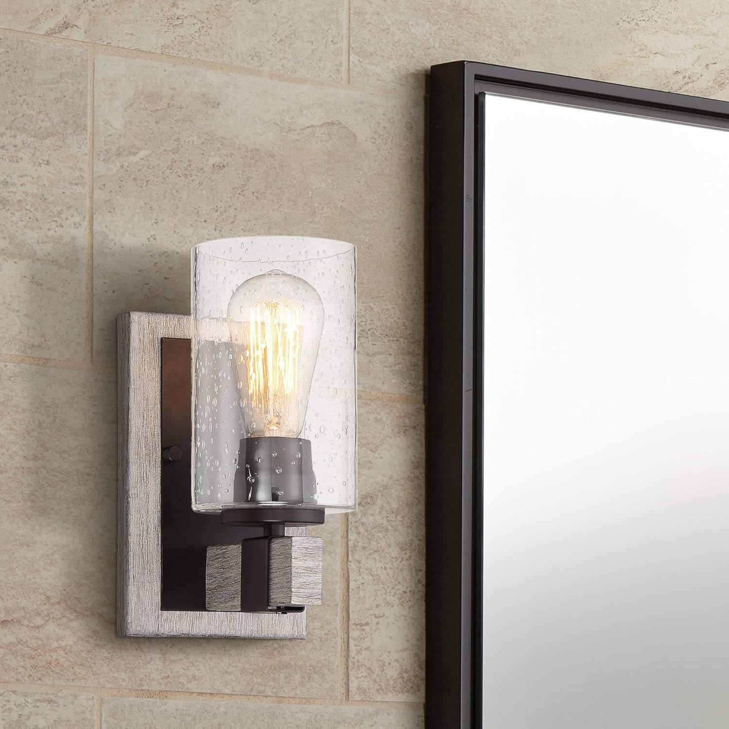 Franklin Iron Works Poetry Rustic Farmhouse Industrial Wall Sconce Lighting Gray Wood Finish Grain Bronze Hardwired 9" High Fixture Seedy Glass Cottage Core Decor for Bedroom Bathroom Bedside