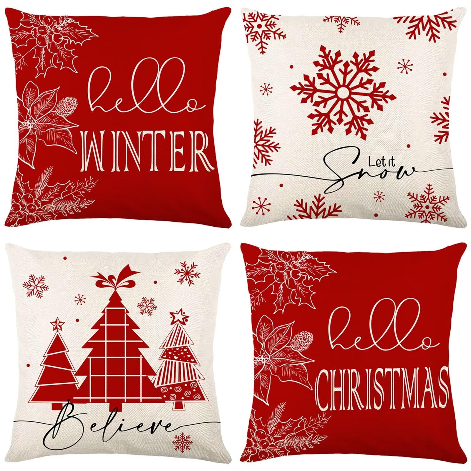 Natale Fodere per Cuscini 55x55cm 4 Pezzi Rosso Natale Cuscini Caso Federa, Copricuscini Natalizi, Invernale Natalizie Divano Decorativi di Natale per Divano Soggiorno Auto Natalizie Decor