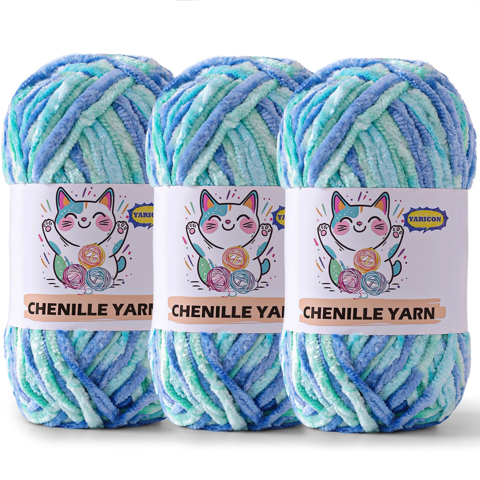3 Pack Velvet Chenille Yarn for Crocheting and Knitting Beginners,Gradient Blue Rainbow Velvet Plush Fuzzy Fluffy Chenille Yarn for Crochet Blankets/DIY Crafts(Gradient Blue) - 1