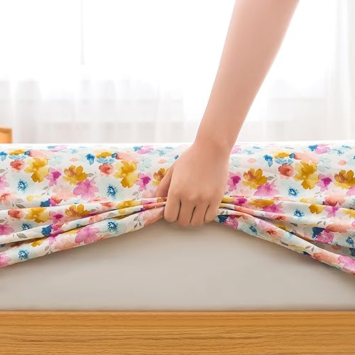 Miniatura 5 de Juego de sábanas tamaño King, 4 piezas, estampado de flores coloridas, cama doble, lujosa, refrescante, suave, 100% microfibra cepillada con