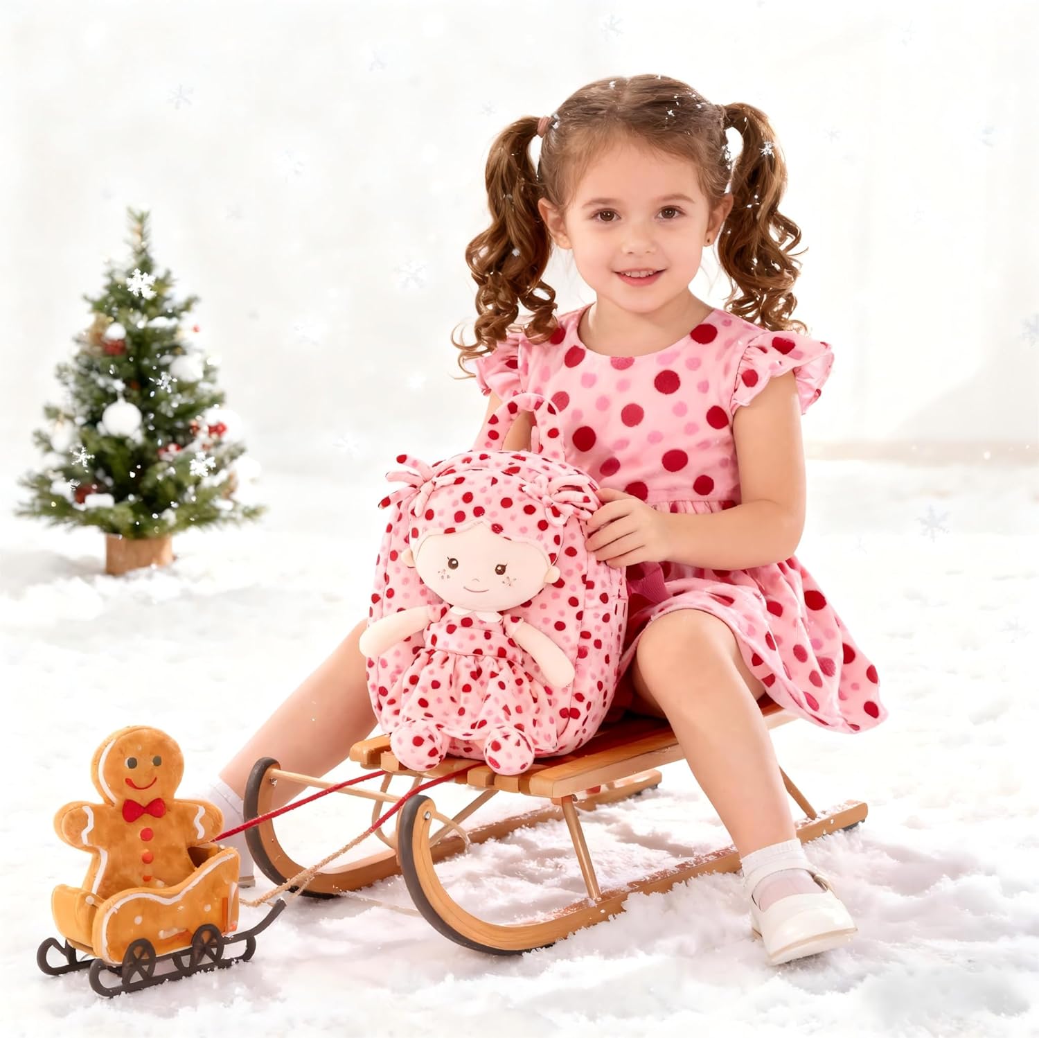 Onetoo Toddler Backpack Back to School Gifts for Girls Plush Backpack Kids Backpacks with Soft Light Baby Dolls in Red Polka Dots Dress 9" - Image 4