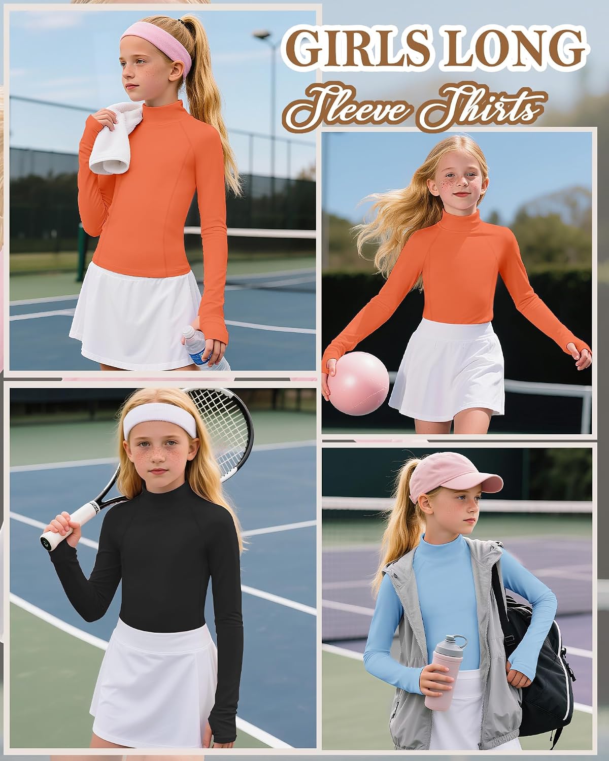 3 Pack Girls Long Sleeve Athletic Shirts Mock Turtleneck Quick Dry Tops Kids Sports Yoga Tees with Thumb Holes
