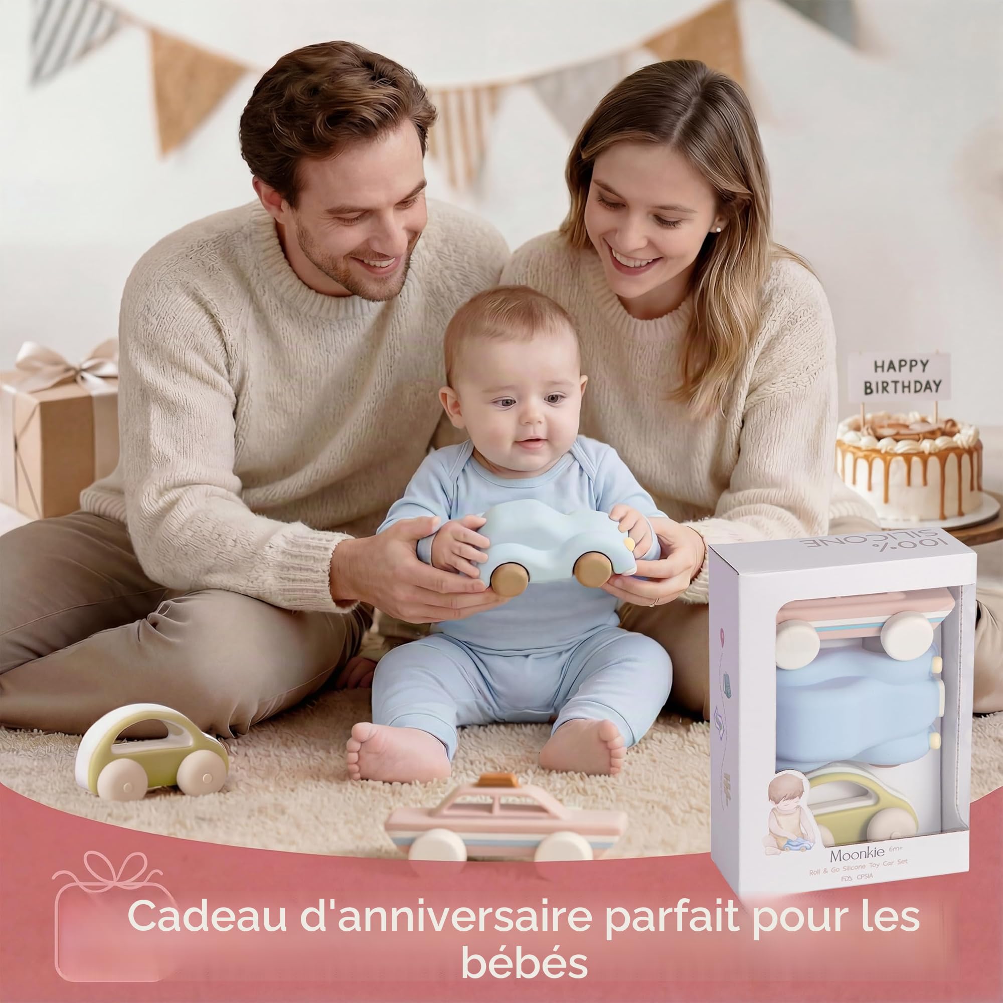 Moonkie Roll & Go Voiture Enfant, Lot de 3, Jouet Bebe pour 6 Mois+, Petites Voitures en Silicone Souple, Jouet Dentition Bébé, Voiture Bebe sans BPA, Cadeau Garcon &Fille,pour Noël & d'anniversaire