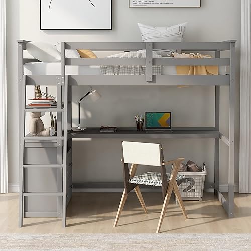 Miniatura 1 de SIYSNKSI Moderna cama alta de tamaño individual con escritorio y estantes marco de cama de madera maciza con 2 cajones integrados y barandilla