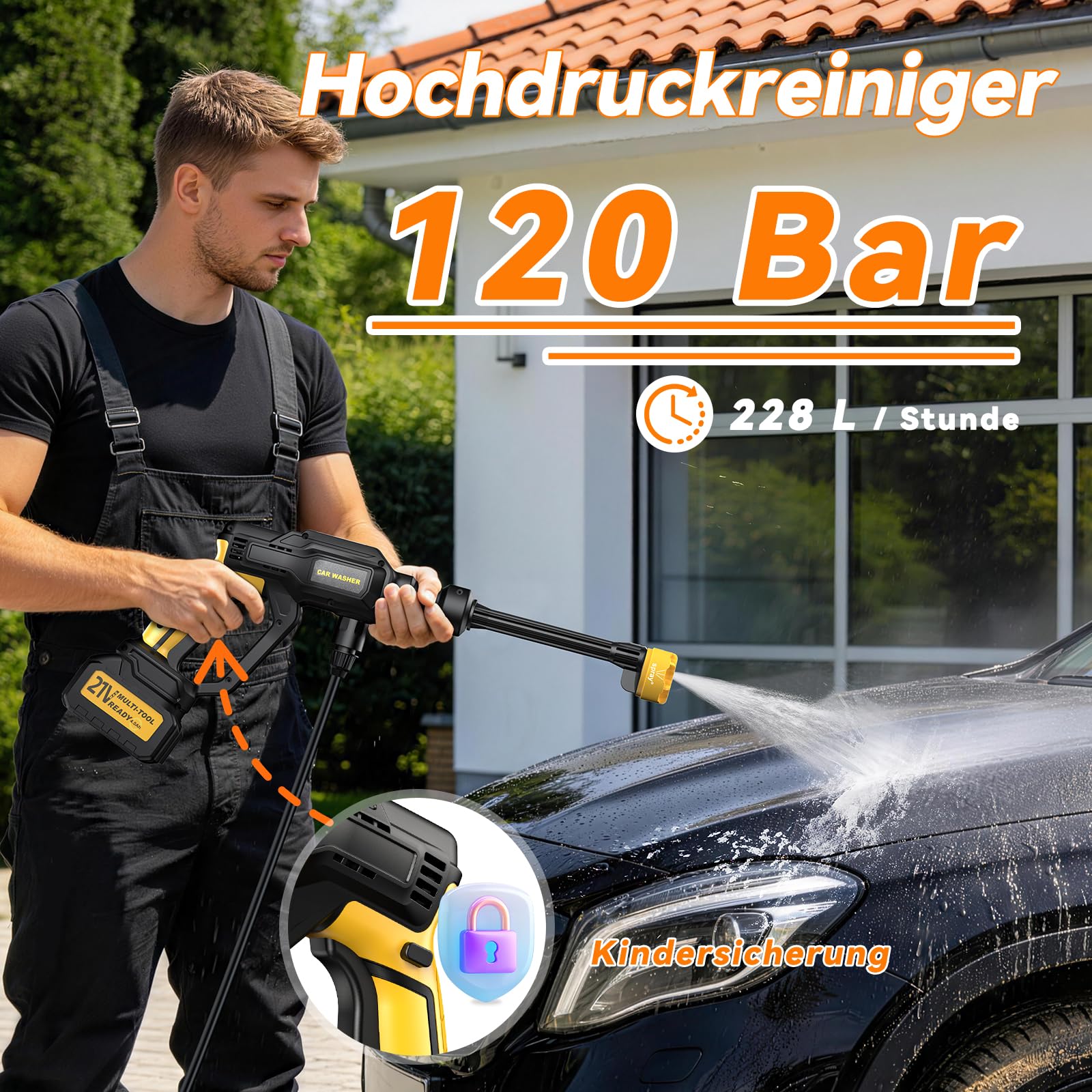 Akku Hochdruckreiniger, Tragbarer Akku-Druckreinigerpistole, Akku-Druckreiniger Mit 6-IN-1 Düse, 2 Batterien, 5 m Schlauch, Zur Reinigung & Bewässerung, Für Terrasse, Autowäsche, Gartenreinigung