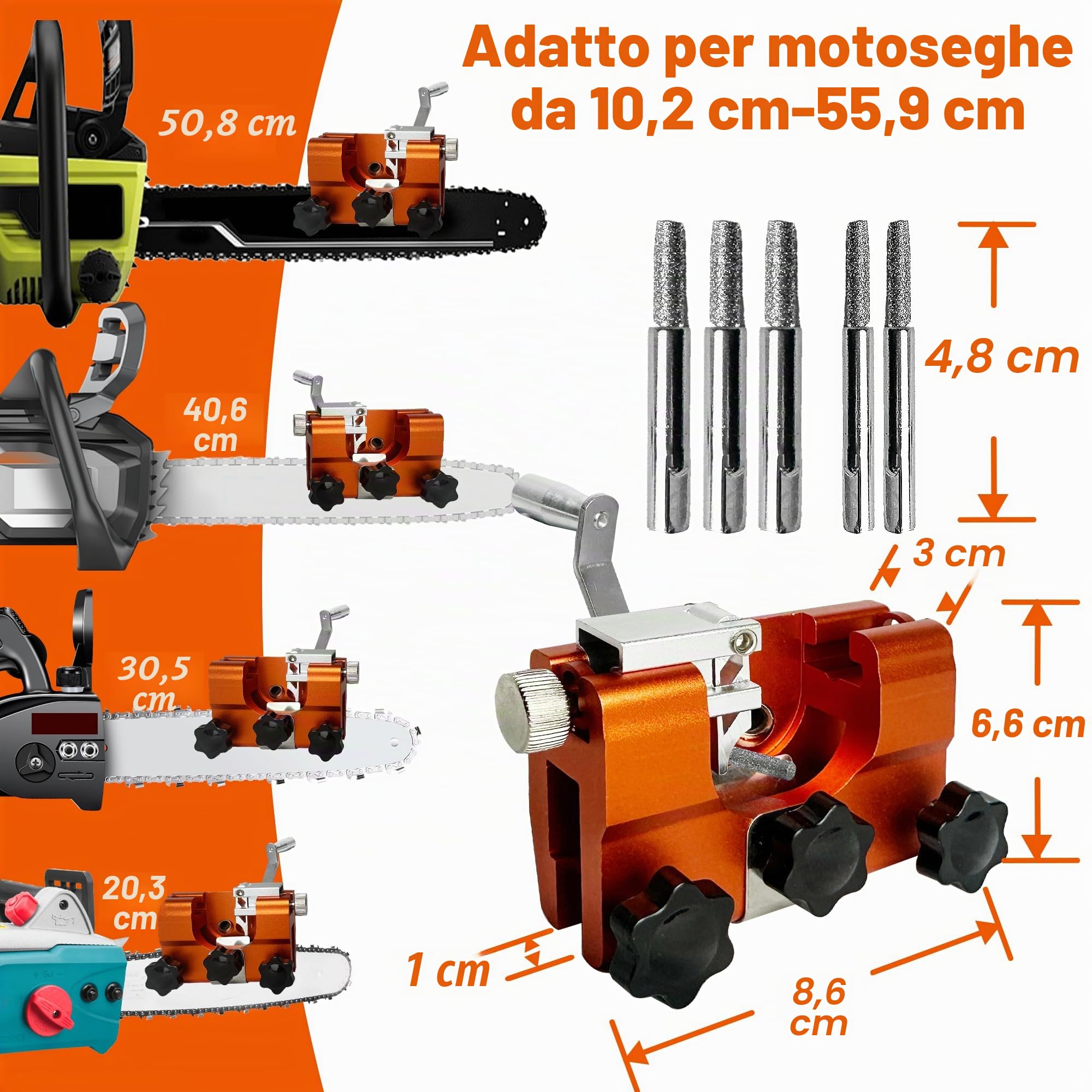 Affila Catena Motosega,Lima per Motosega,Kit Affilatura Catena Motosega con 5Pcs carburo di tungsteno,Sega a catena affilatrice strumento, 4 "-22" seghe a catena (arancione)