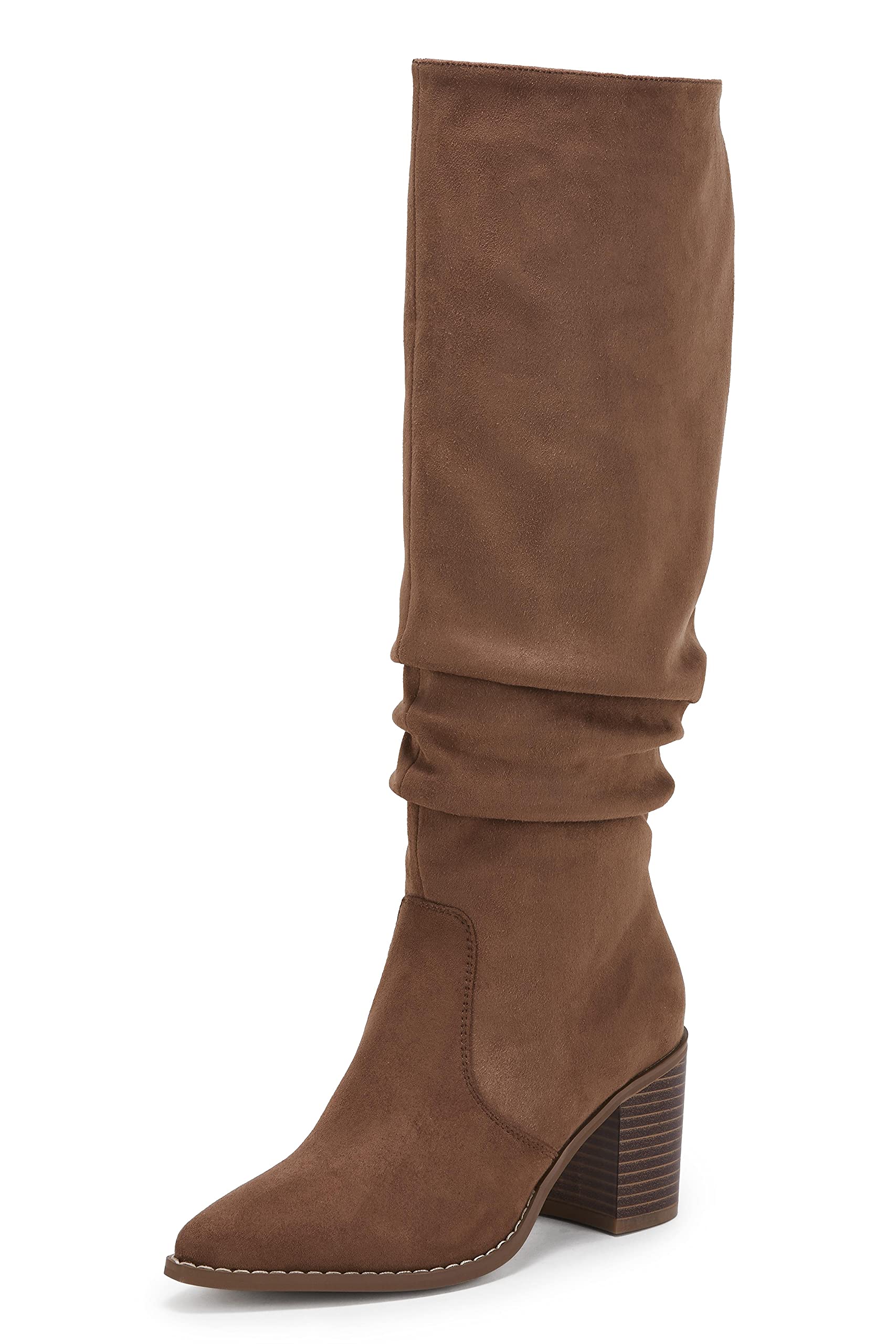 Huiyuzhi Womens Pointed Toe Knee High Boots Mid Chunky Heel Faux Suede Side Zipper Riding Booties