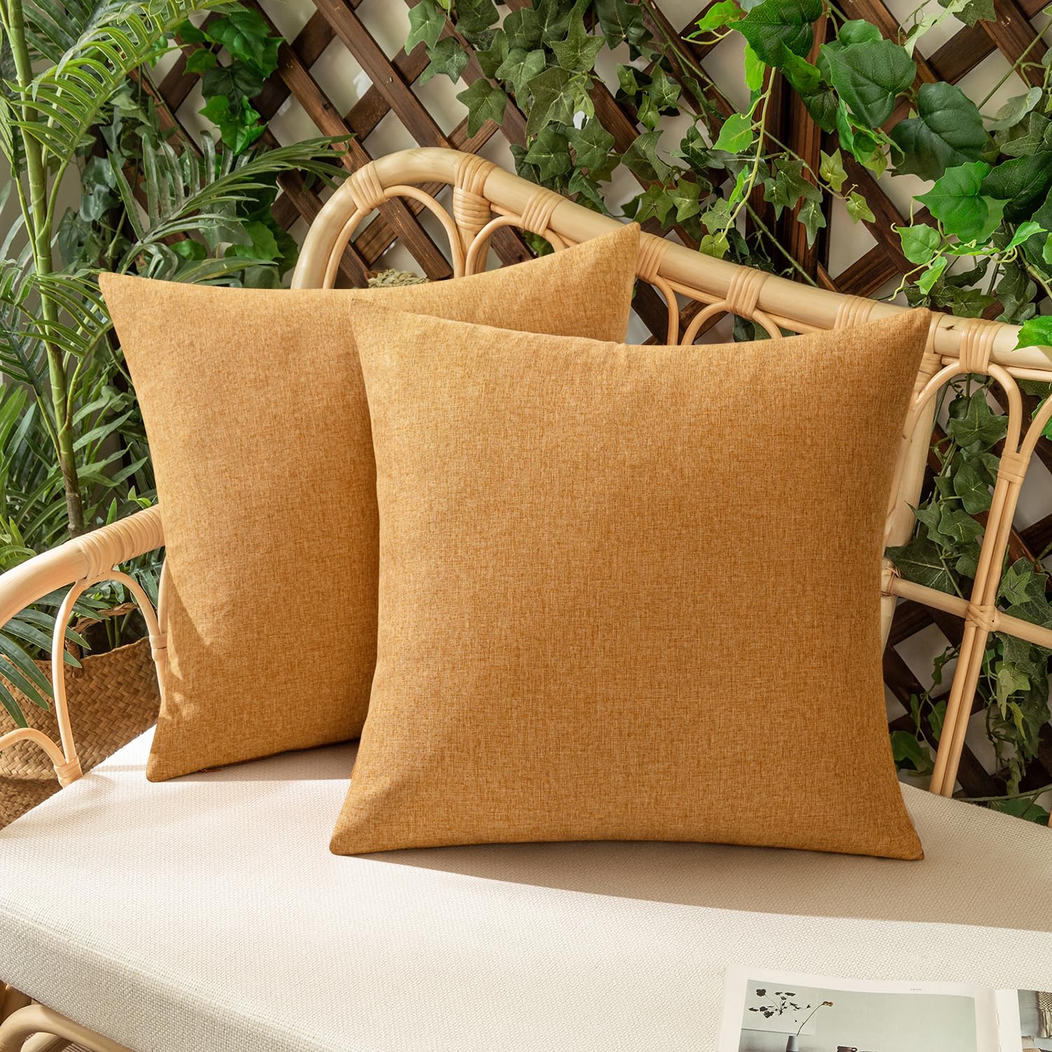 Woaboy Set of 2 Brown Outdoor Waterproof Throw Pillow Covers Decorative Farmhouse Linen Pillowcases Solid Cushion Cases for Patio Tent Balcony Couch