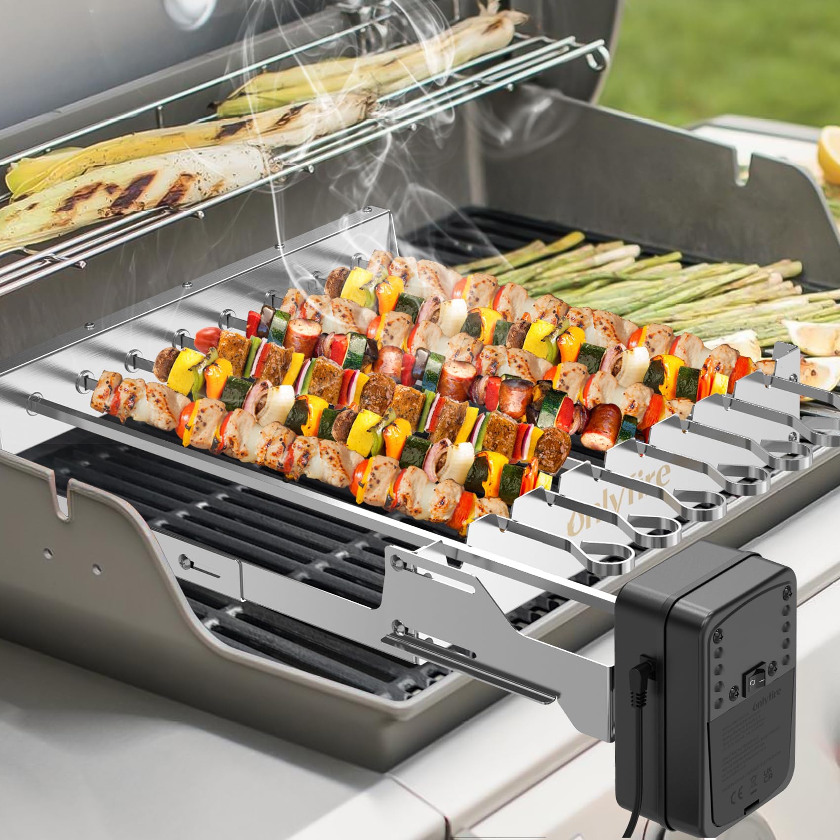 Onlyfire Elektrischer Spiessdreher, Edelstahl Drehspieß Aufsatz mit 7 Spießen und Motor, Größenverstellbar 43,3 x 40,3-46,3 cm, mit Netzstecker, Drehspieß Rotisserie, Silber