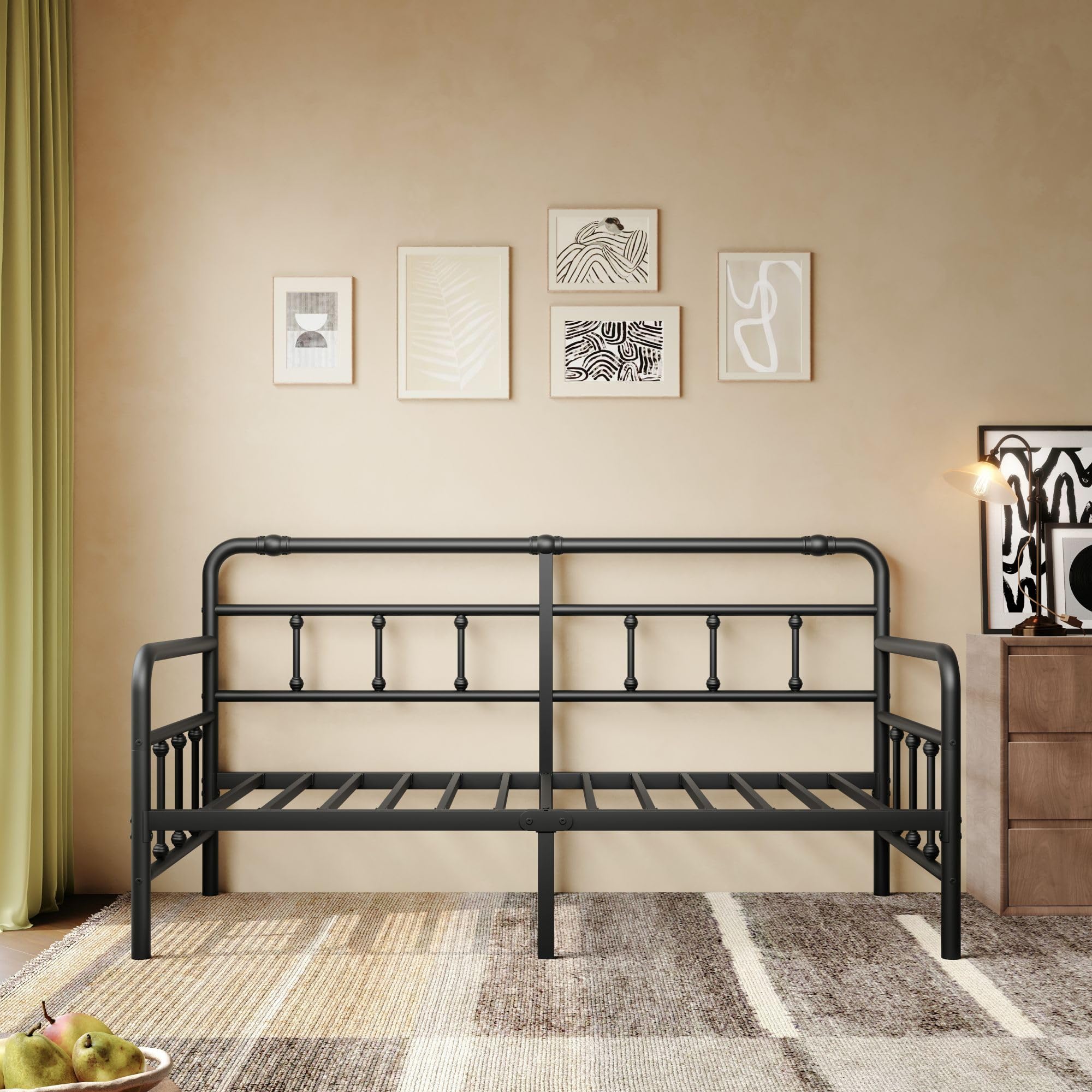 Sementa Daybed Twin Metal Bed Frame with Headboard Steel Slats Support, Multifunctional Platform Sofa Bed, Stable Mattress Foundation, No Box Spring Needed(Art Deco)